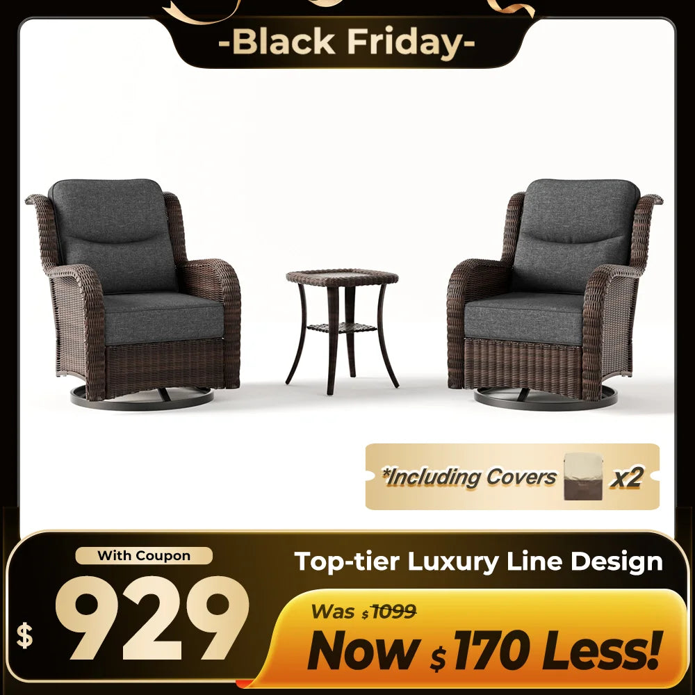 Ardenelle Luxury 3 Piece Patio Wicker Conversation Set With Side Table