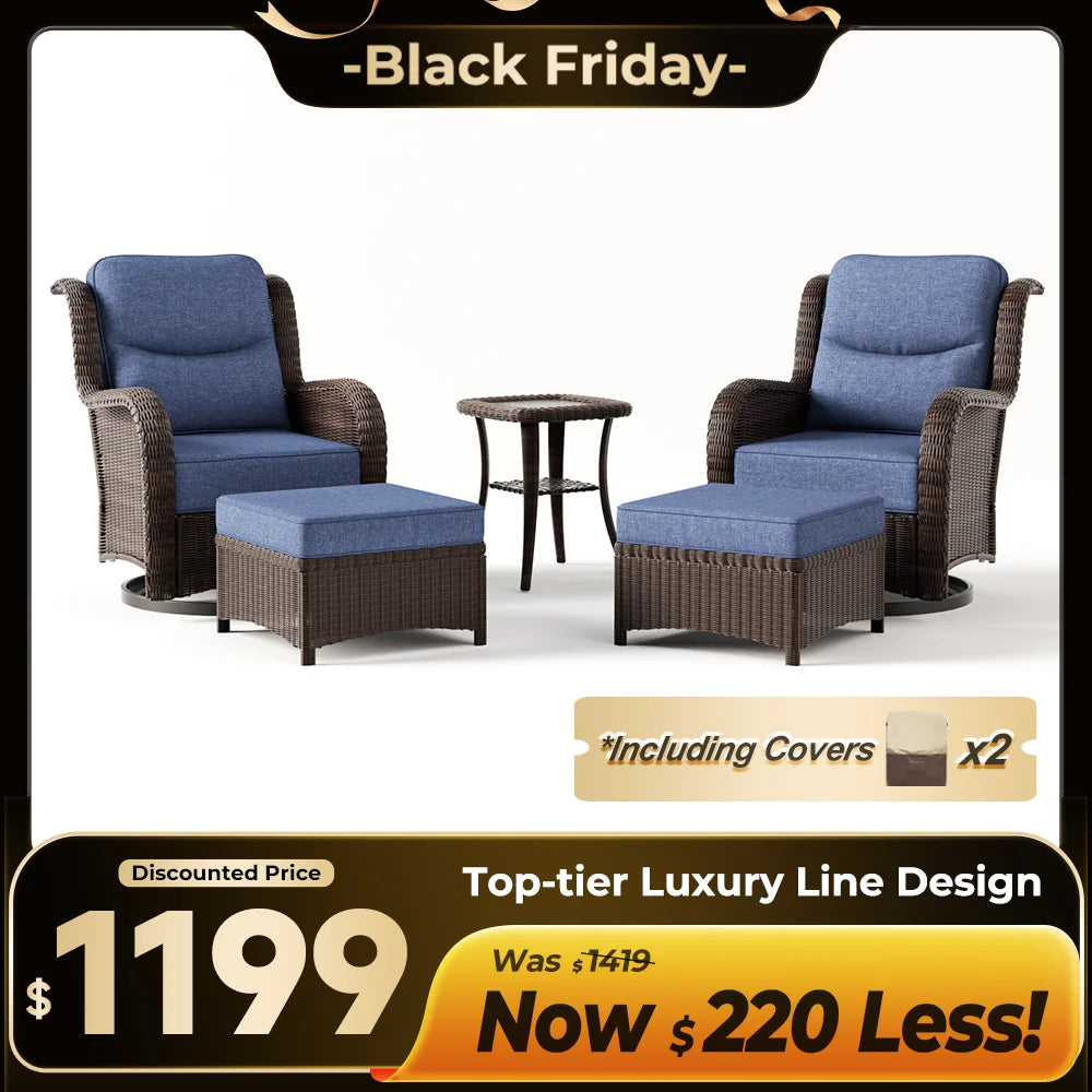 Ardenelle Luxury 5 Piece Patio Wicker Conversation Set With Ottomans