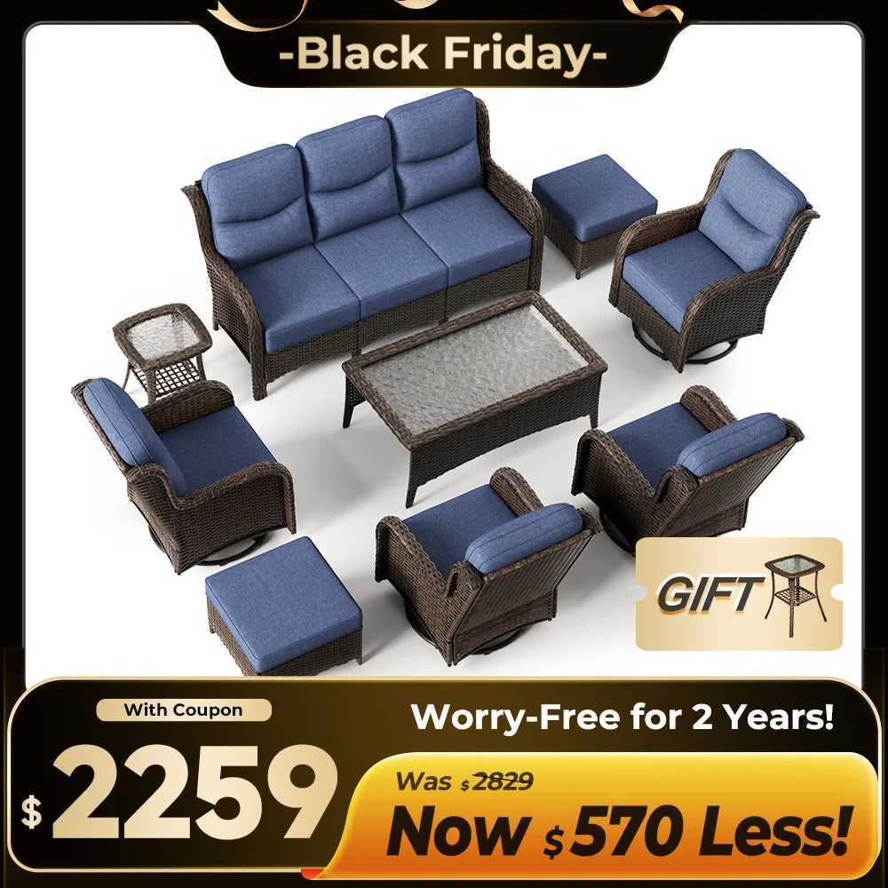 Hawthorne 9 Pieces All Weather Outdoor Wicker Sofa Set with Tables and Cushions for Backyard