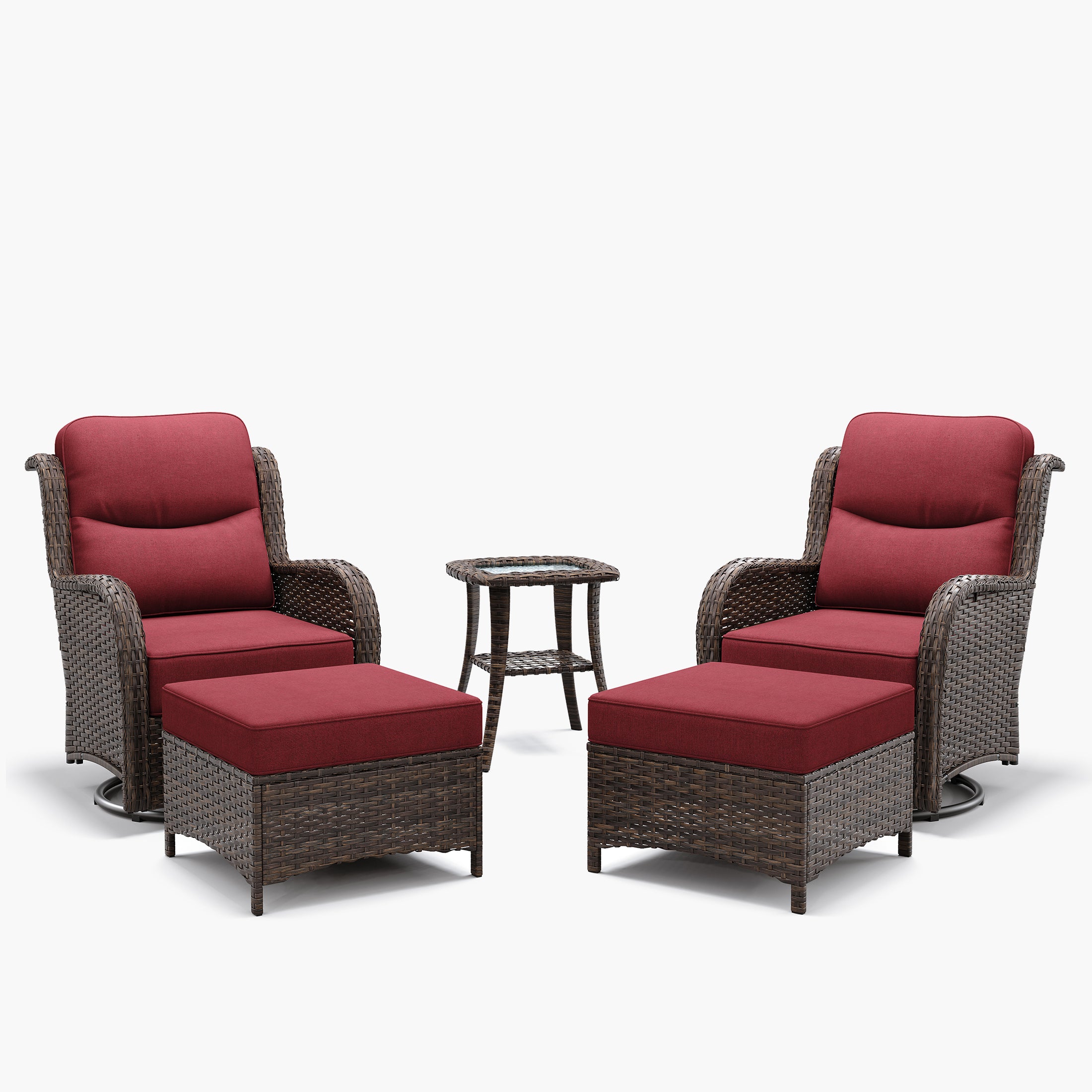 Hawthorne 5 Piece Outdoor Wicker Conversation Set With Side Table & Ottomans For Balcony