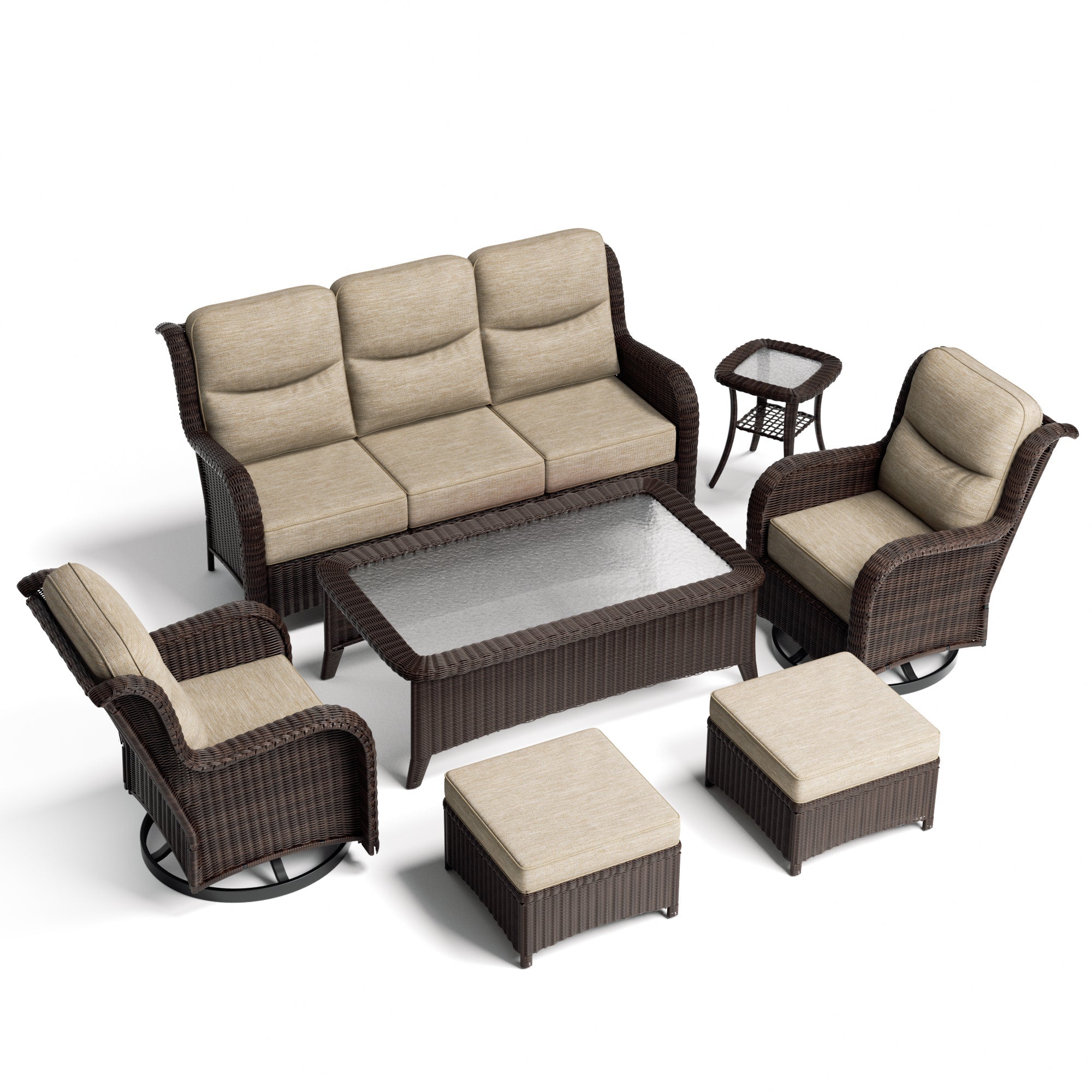 Ardenelle Luxury 7 Piece Patio Wicker Sofa Set With Ottomans, Tables And Covers