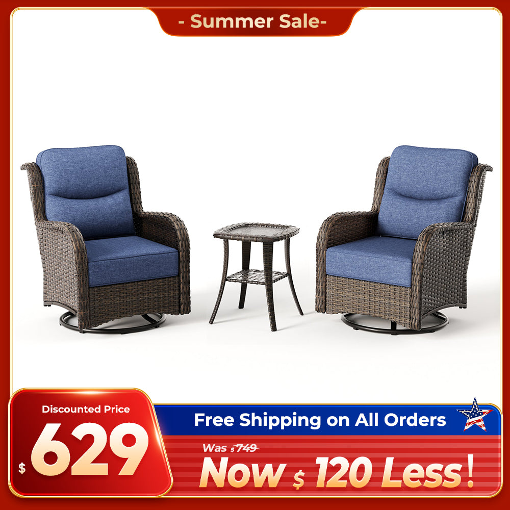 Hawthorne 3 Piece Outdoor Wicker 360° Swivel Conversation Set With Cushions & Side Table For Porch