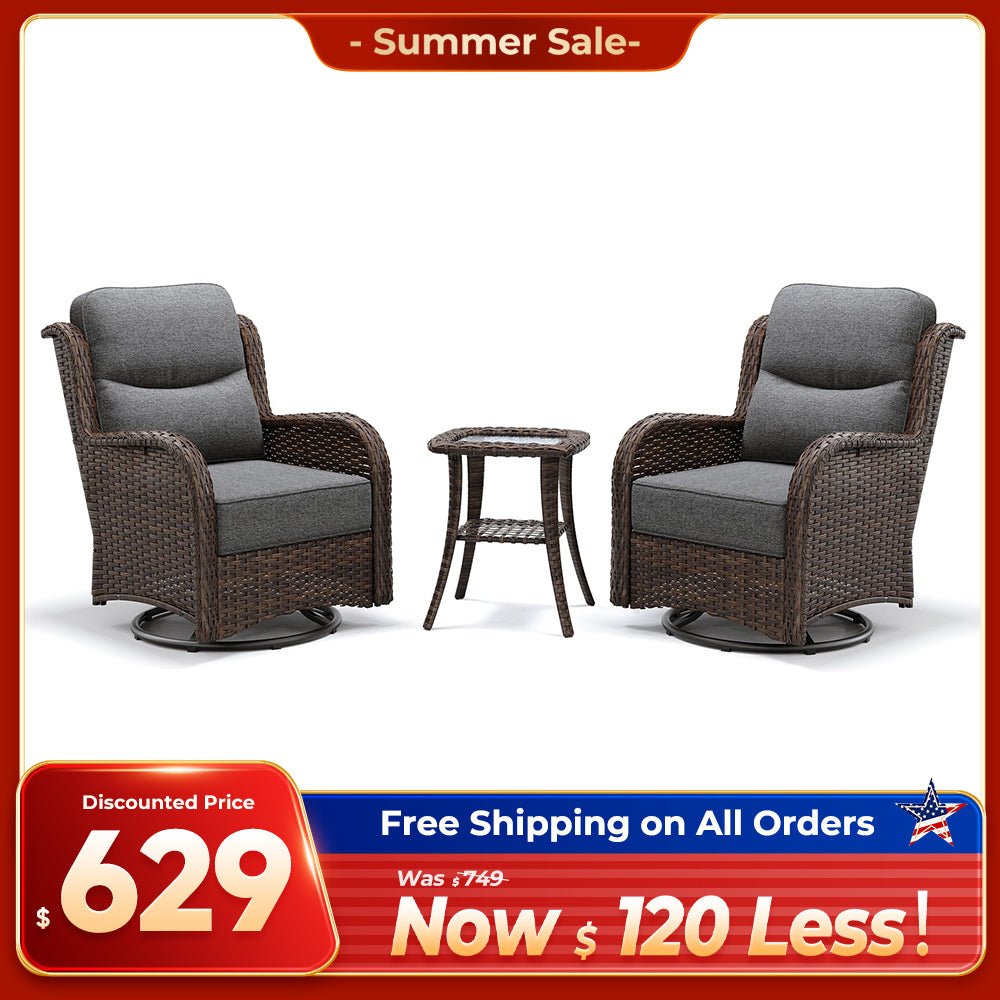 Hawthorne 3 Piece Outdoor Wicker 360° Swivel Conversation Set With Cushions & Side Table For Porch