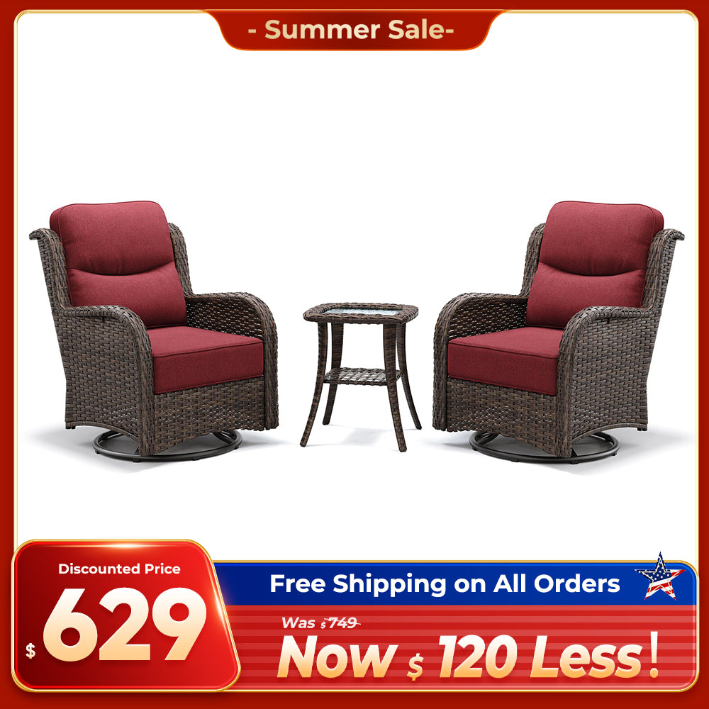 Hawthorne 3 Piece Outdoor Wicker 360° Swivel Conversation Set With Cushions & Side Table For Porch