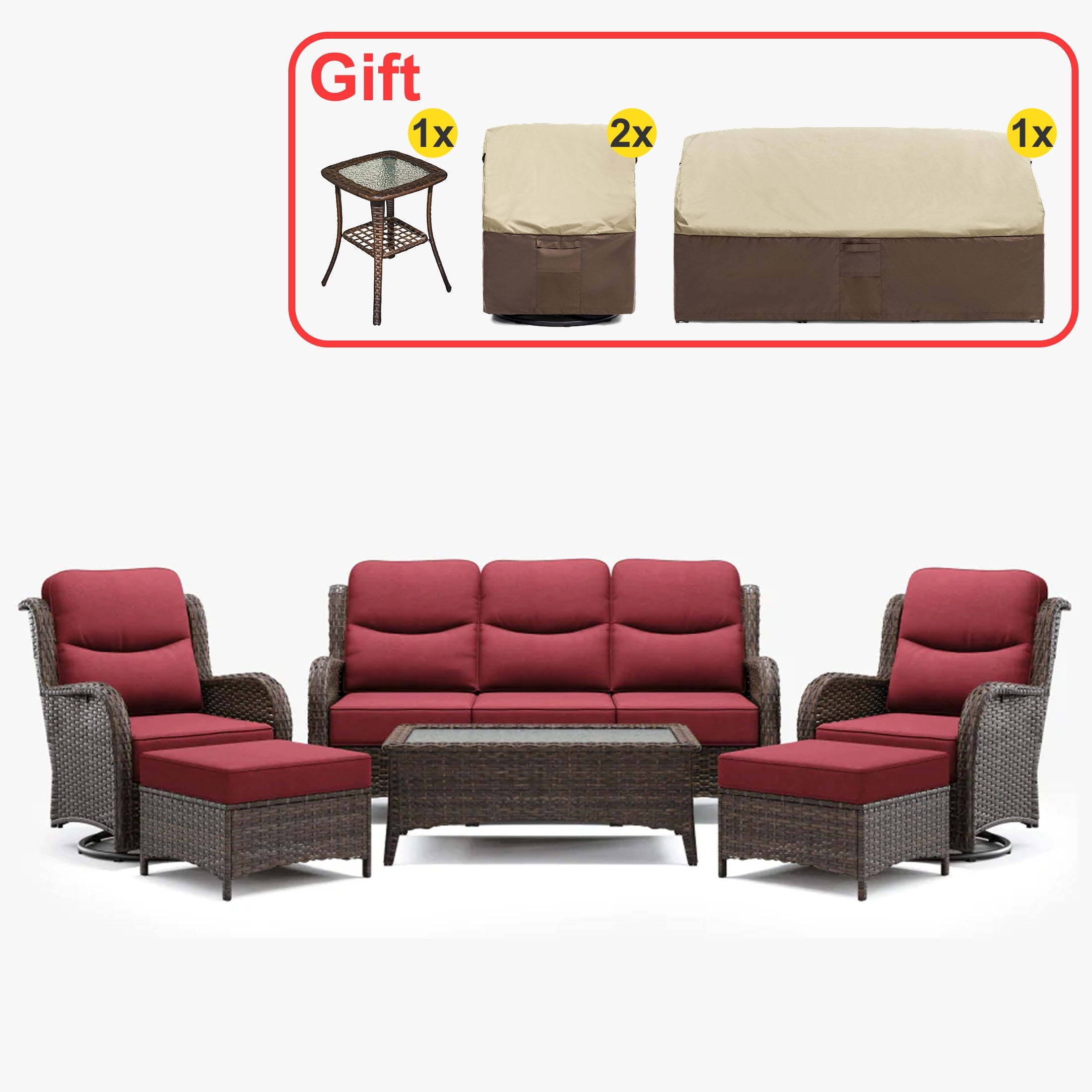 Hawthorne Wicker Furniture Patio Red Sofa And Swivel Glider Chairs With 6-Inch Cushions