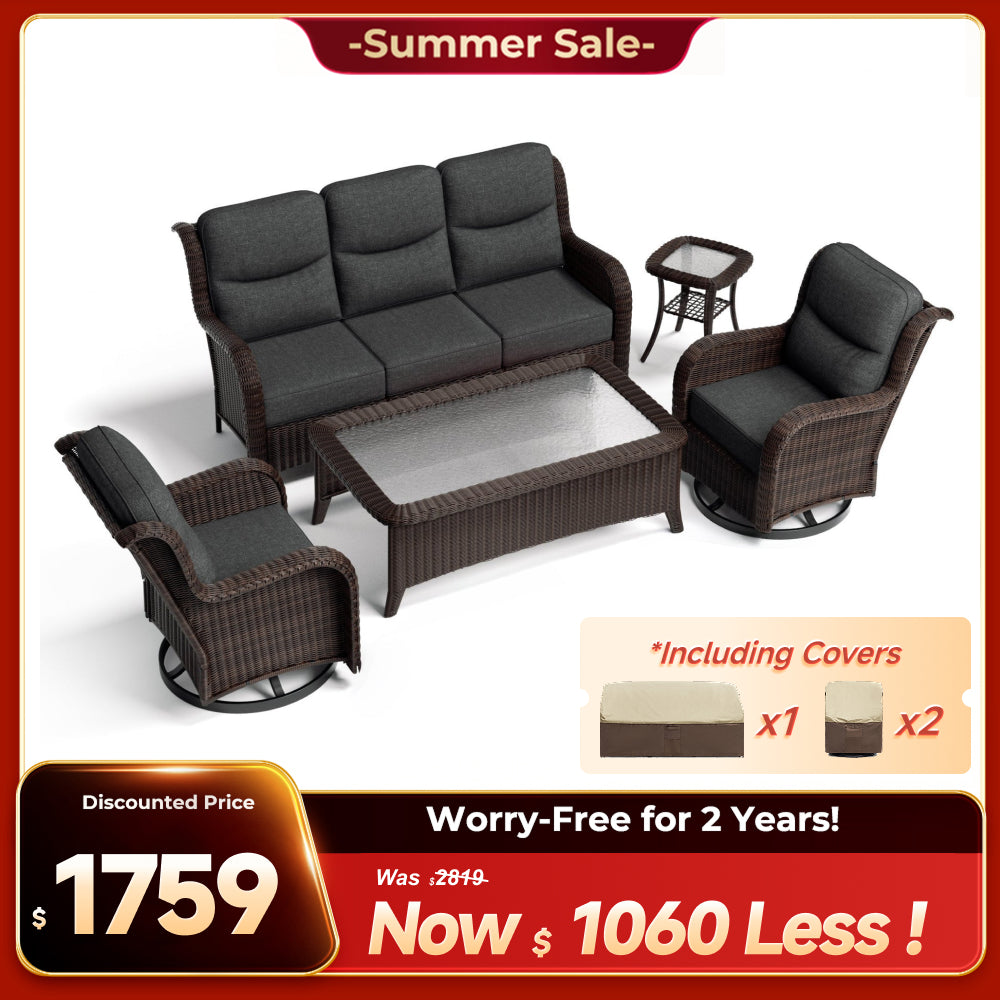 Ardenelle Luxury 5 Piece Patio Wicker Dark Grey Sofa Set With Tables