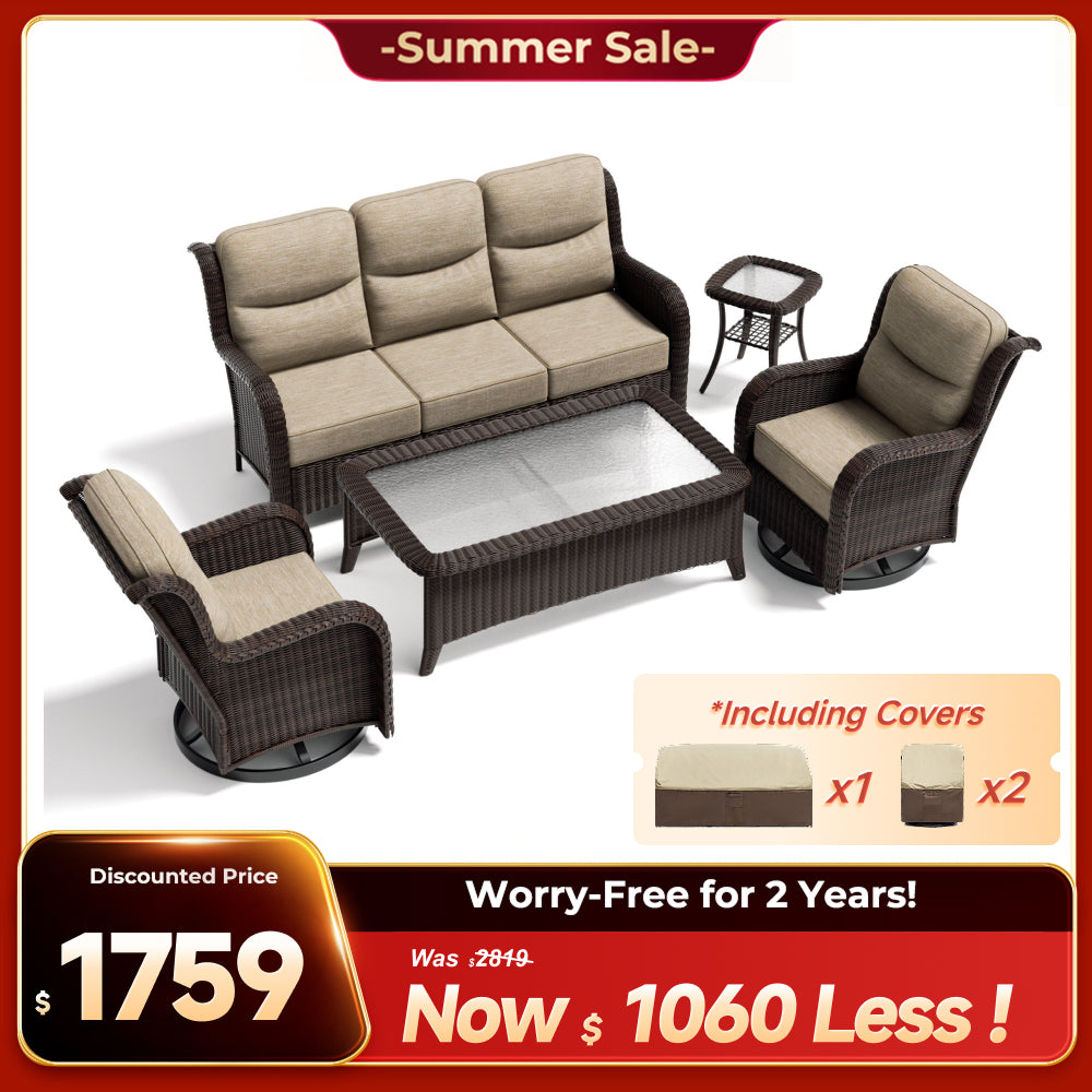 Ardenelle Luxury 5 Piece Patio Wicker Sofa Set With Tables