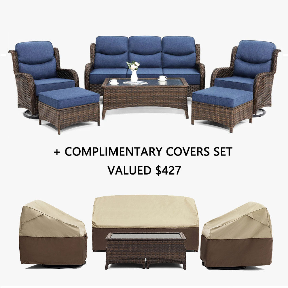 Hawthorne Blue Wicker Furniture Patio Sofa And Swivel Glider Chairs With 6-Inch Cushions