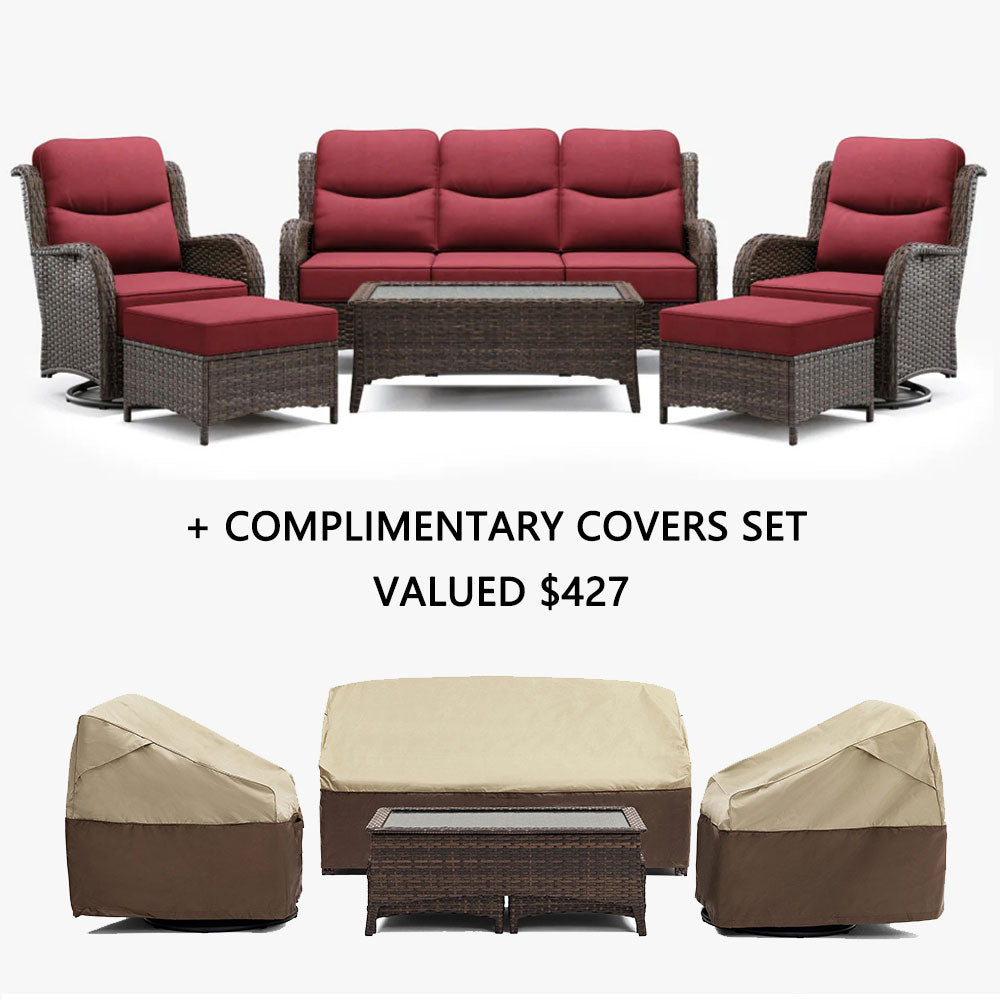 Hawthorne Wicker Furniture Patio Red Sofa And Swivel Glider Chairs With 6-Inch Cushions