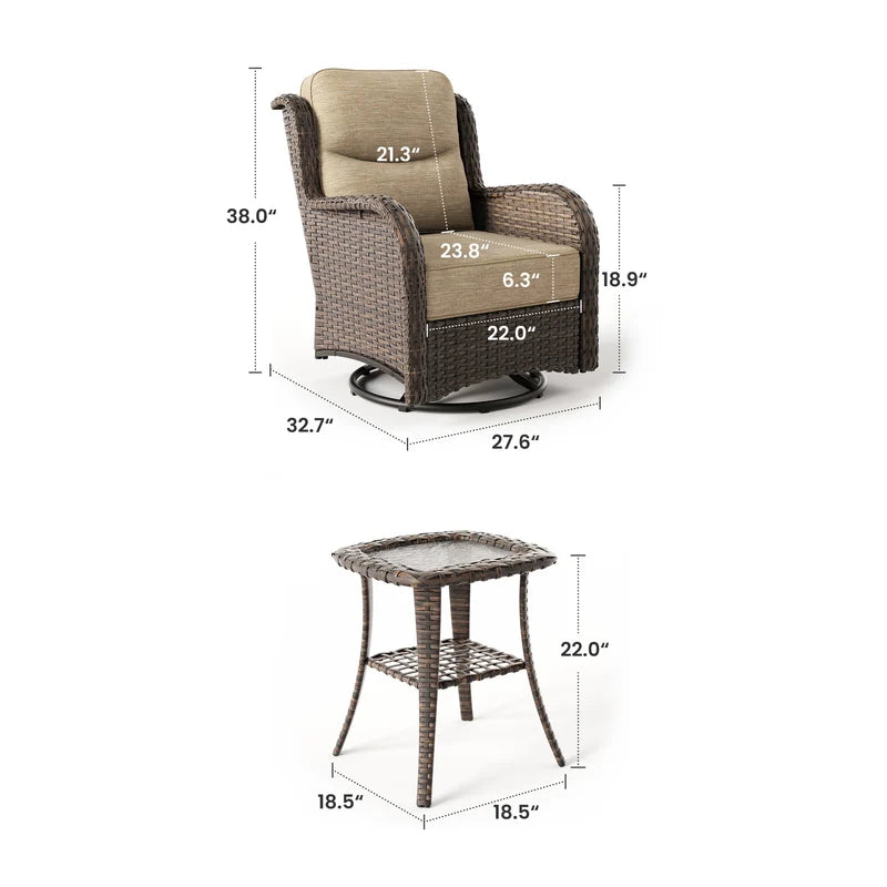 Hawthorne 3 Piece Outdoor Wicker 360° Swivel Conversation Set With Cushions & Side Table For Porch