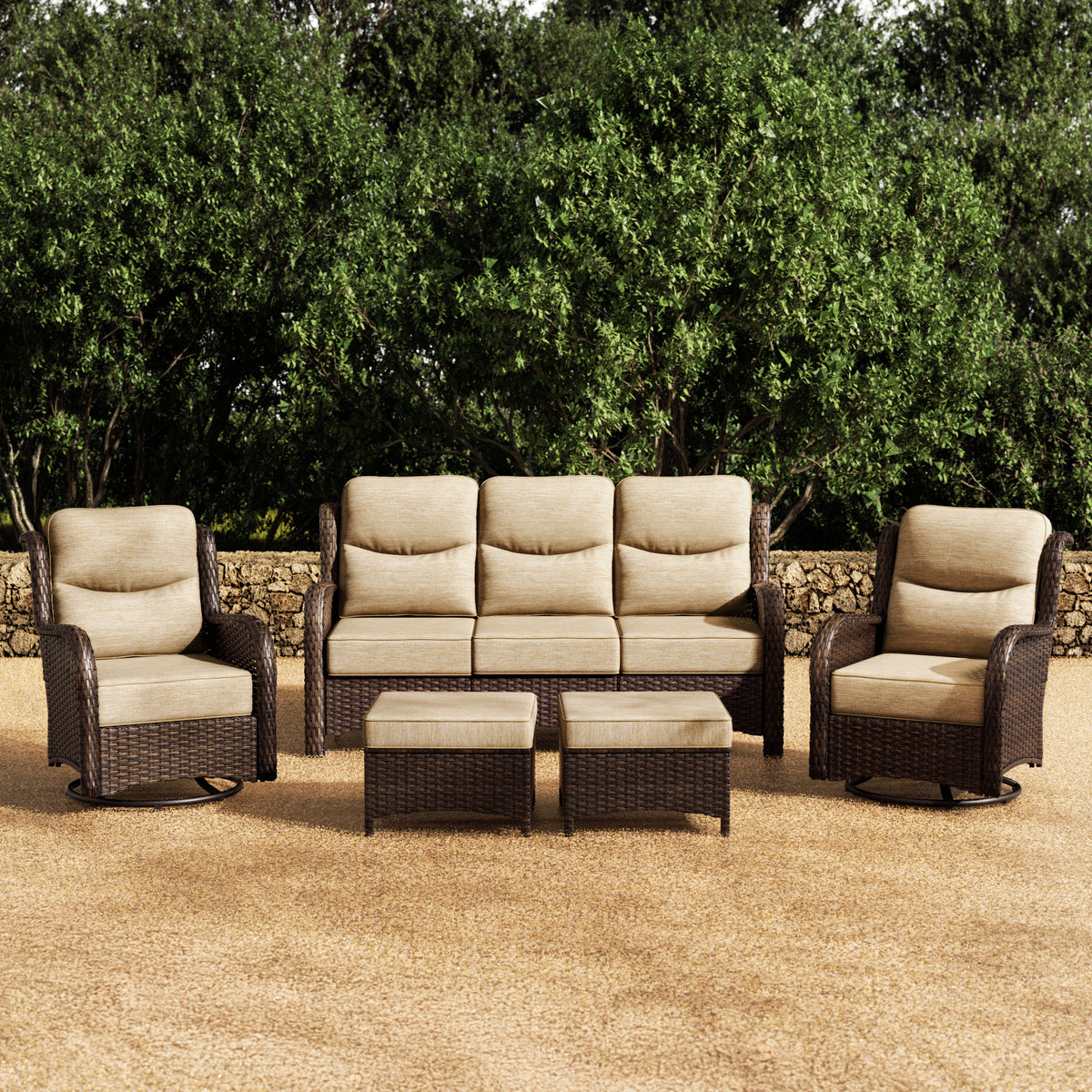 Hawthorne Sand Wicker Furniture Patio Sofa And Swivel Glider Chairs With 6-Inch Cushions