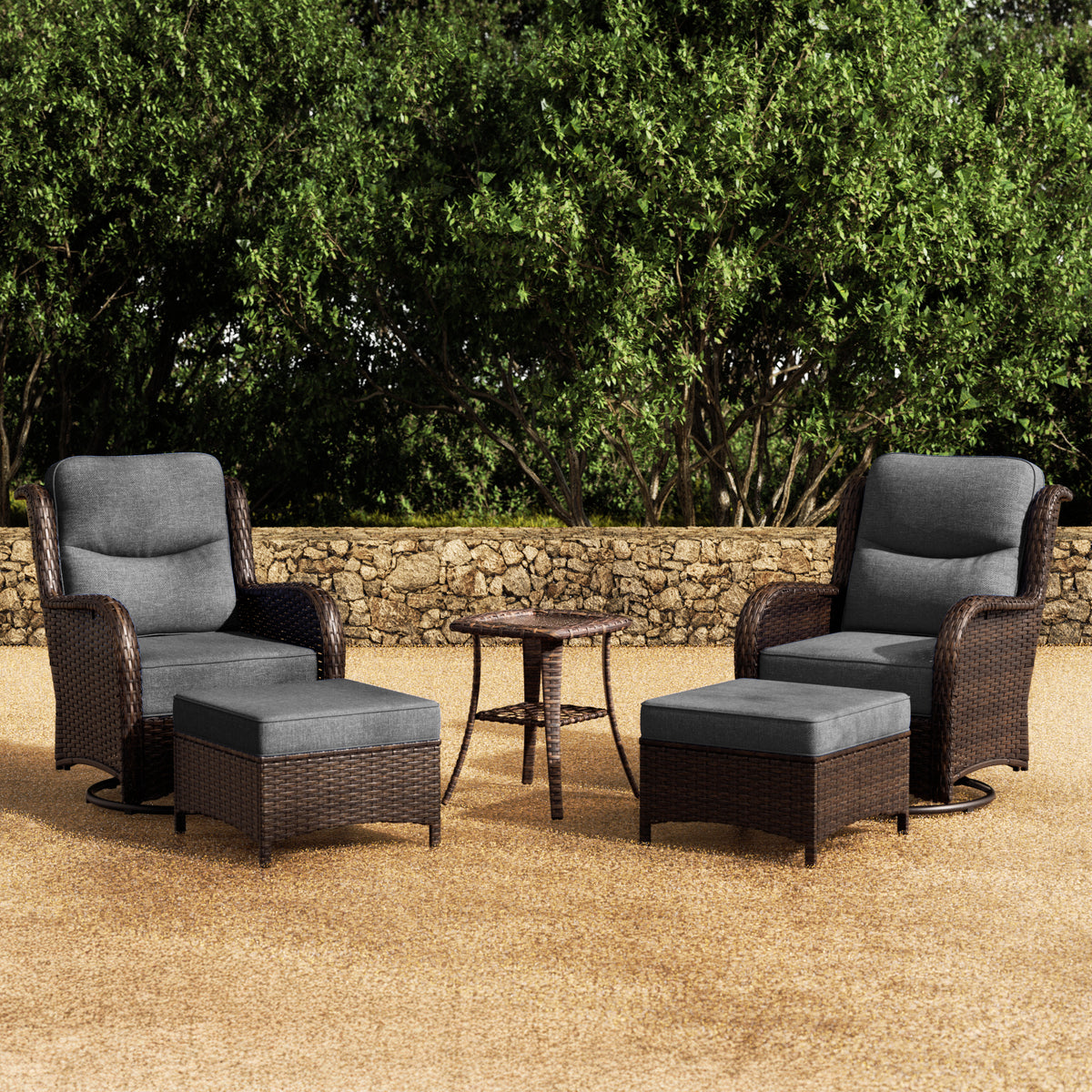 Hawthorne 5 Piece Outdoor Wicker Conversation Set With Side Table & Ottomans For Balcony
