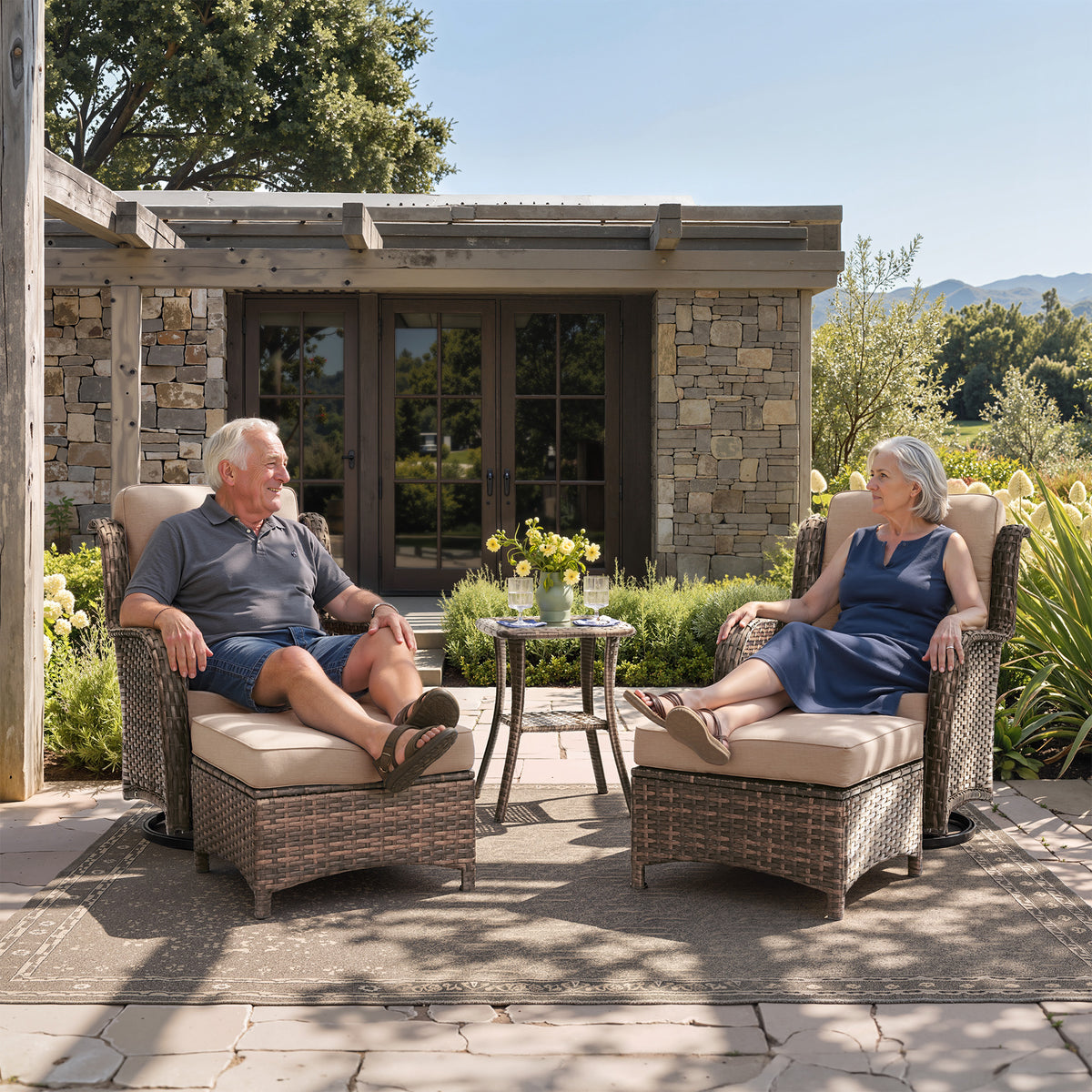Hawthorne 5 Piece Outdoor Wicker Conversation Set With Side Table & Ottomans For Balcony