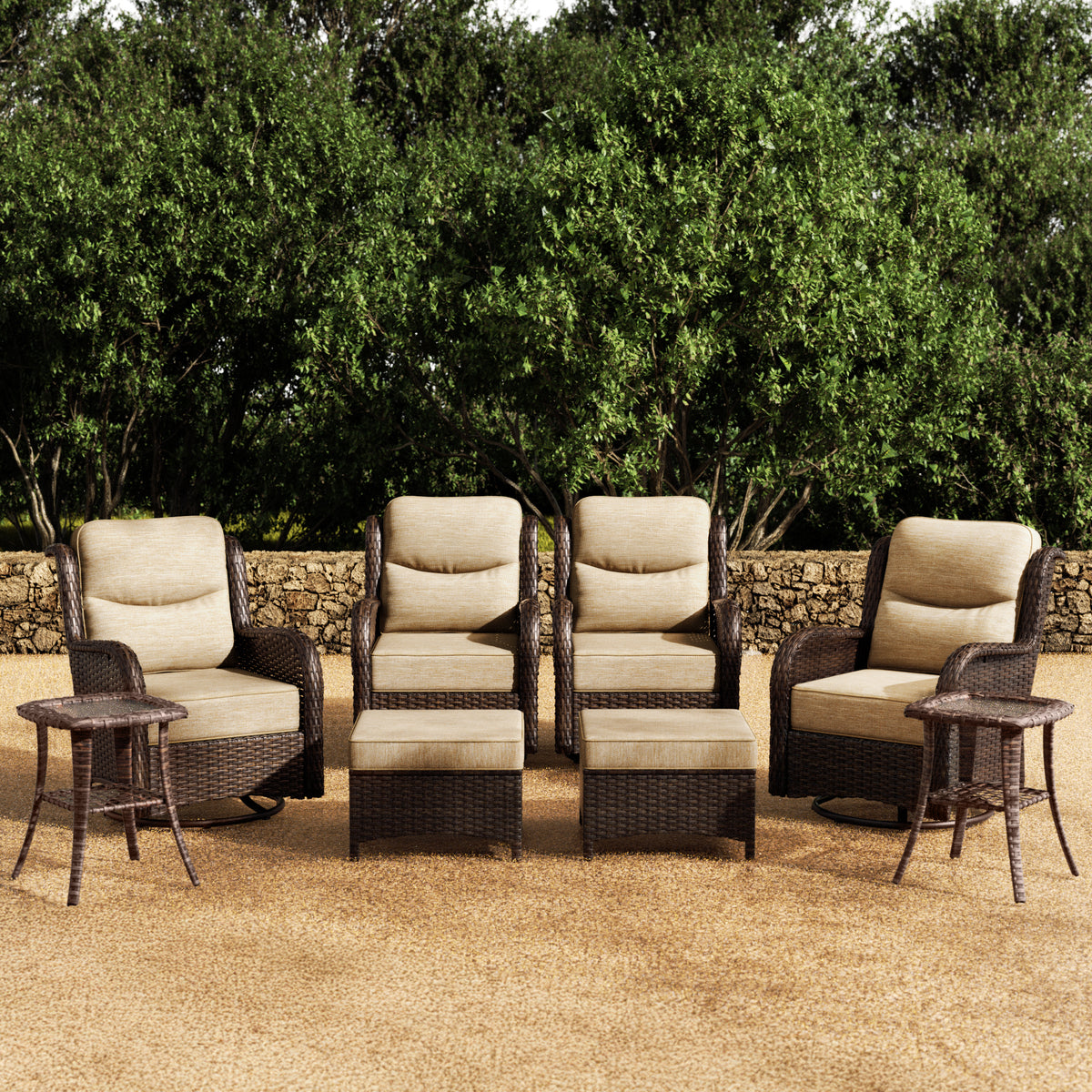 Hawthorne 8 Piece Patio Rattan Swivel Gliding Conversation Set With Side Tables & Ottomans For Backyard