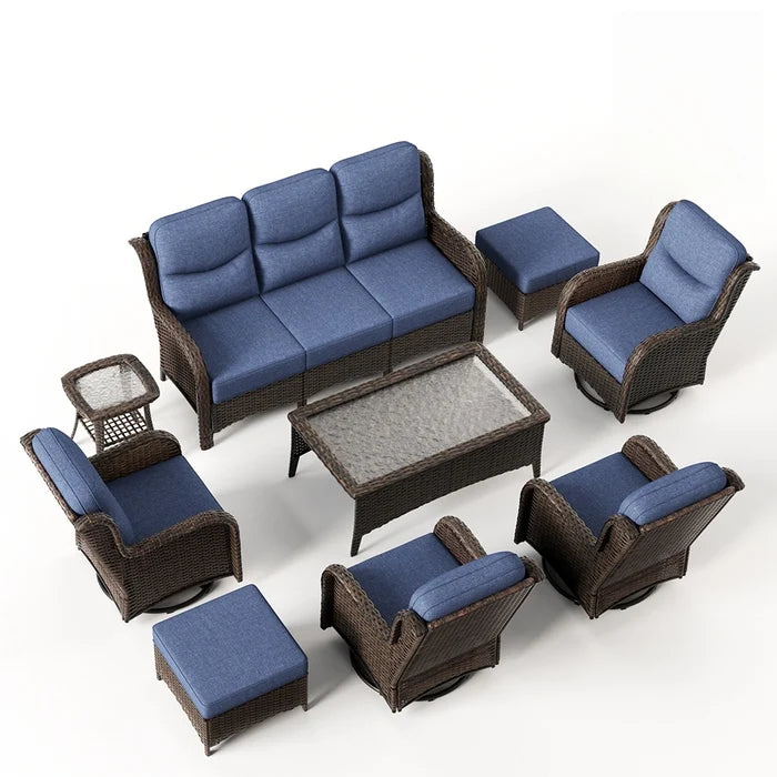 Hawthorne 9 Pieces All Weather Outdoor Wicker Sofa Set with Tables and Cushions for Backyard