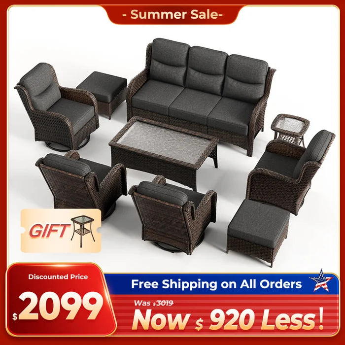 Hawthorne 9 Pieces All Weather Outdoor Wicker Sofa Set with Tables and Cushions for Backyard