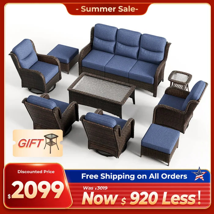 Hawthorne 9 Pieces All Weather Outdoor Wicker Sofa Set with Tables and Cushions for Backyard