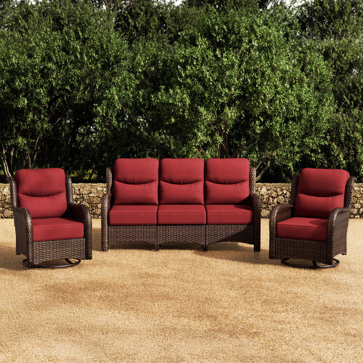 Hawthorne Wicker Furniture Patio Red Sofa And Swivel Glider Chairs With 6-Inch Cushions