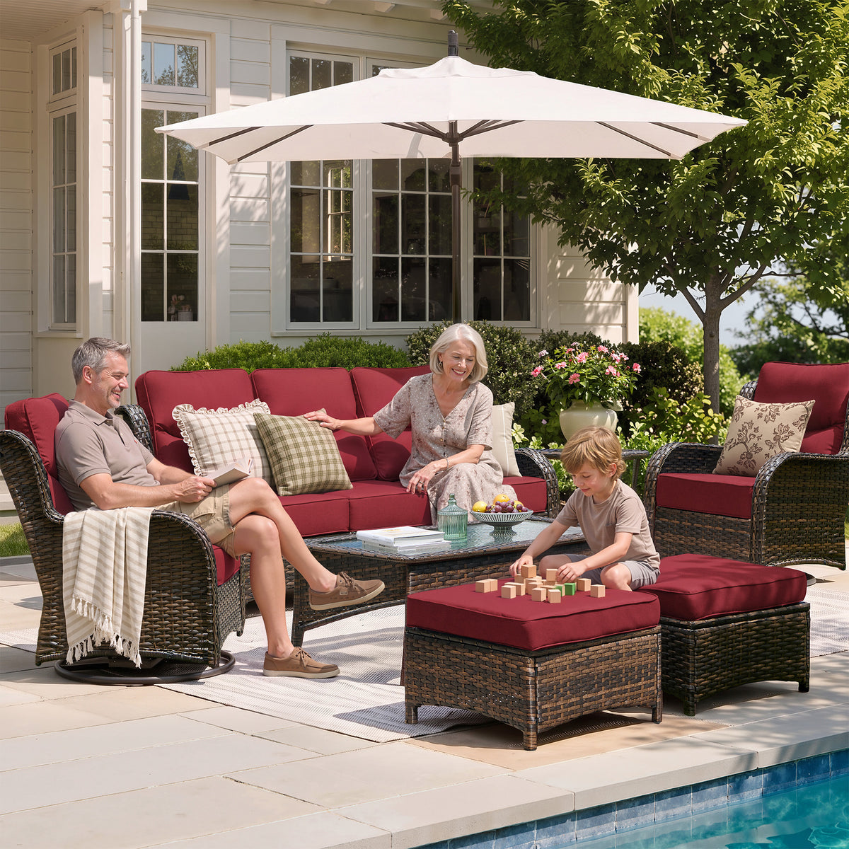 Hawthorne 5 Piece Patio Rattan Sofa Set with Swivel Chairs & Ottomans