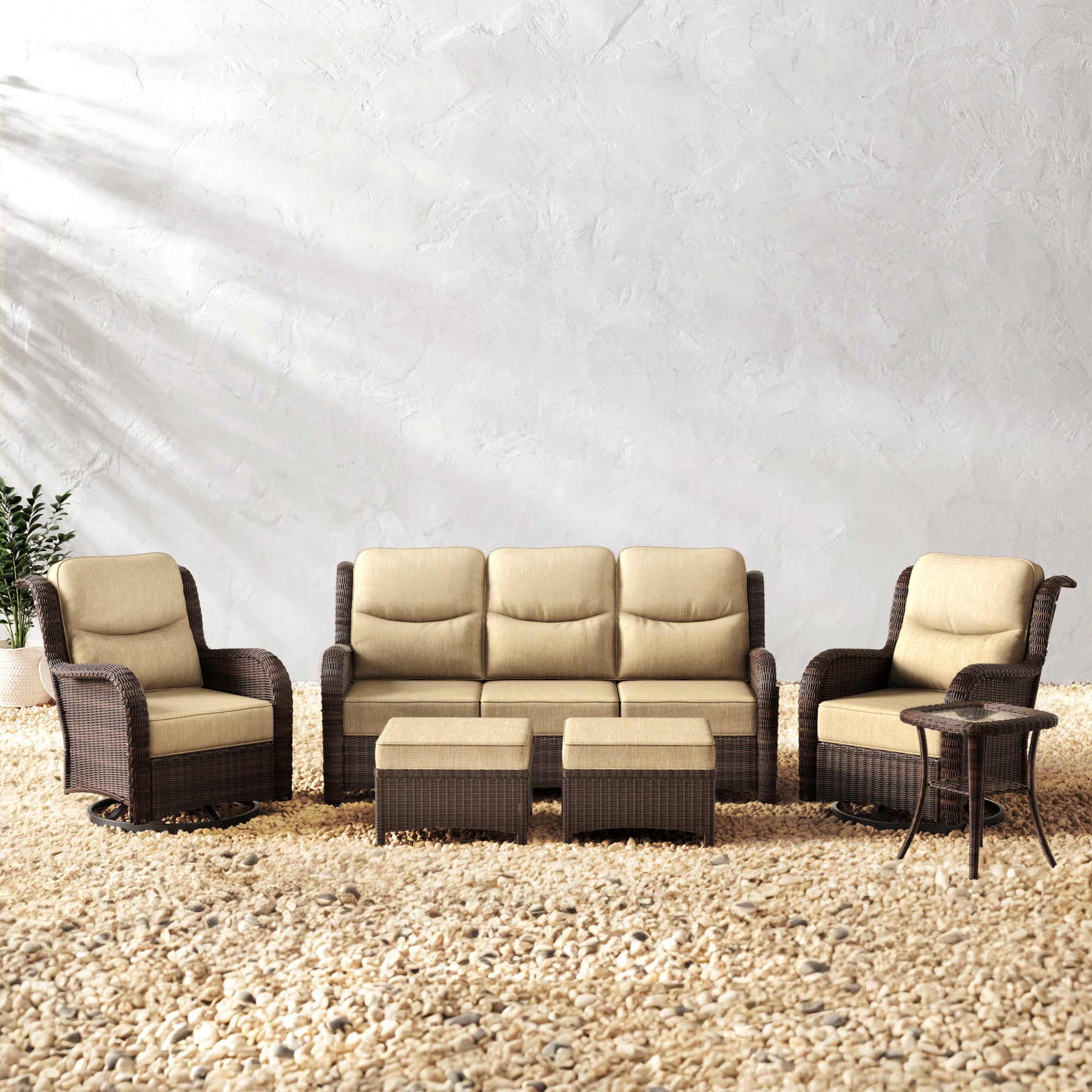 Ardenelle Luxury Patio Furniture Wicker 3-Seater Sofa & Outdoor Swivel Glider Chairs In Sand With High Back 6-Inch Thick Cushions For Porch, Deck, Backyard
