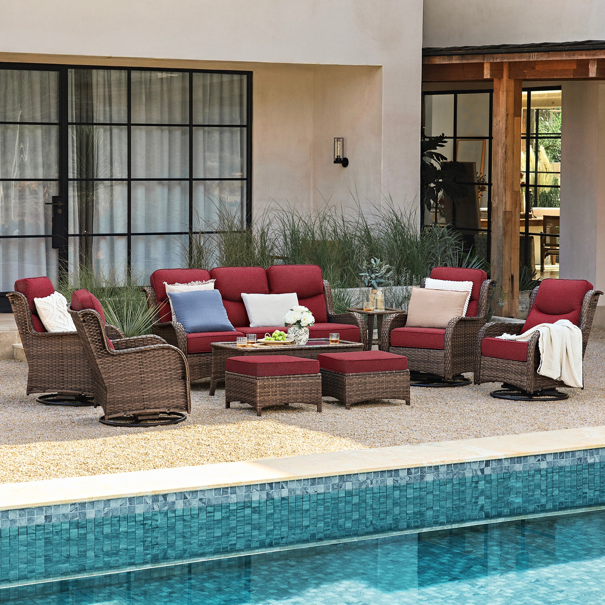 Hawthorne 9 Pieces All Weather Outdoor Wicker Sofa Set with Tables and Cushions for Backyard