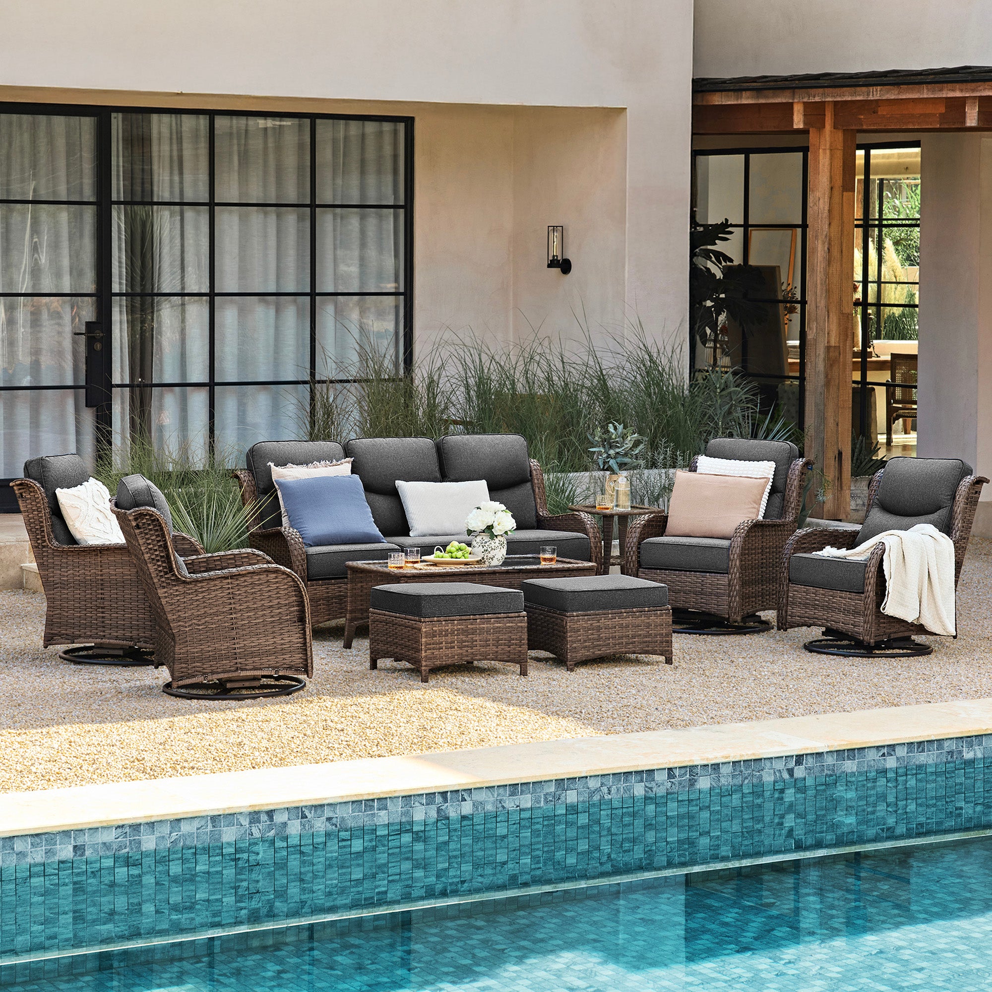 Hawthorne 9 Pieces All Weather Outdoor Wicker Sofa Set with Tables and Cushions for Backyard