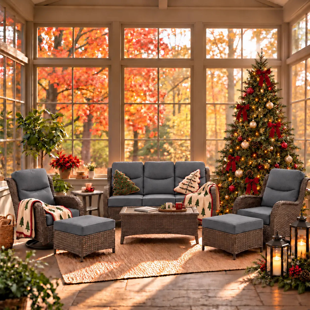 Hawthorne 6 Pieces Outdoor Wicker Sofa Set With 7.5 ft Pre-Lit Noble Fir Christmas Tree