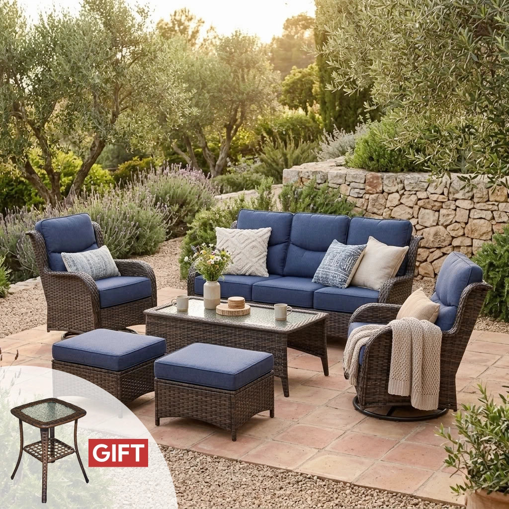 Hawthorne Blue Wicker Furniture Patio Sofa And Swivel Glider Chairs With 6-Inch Cushions