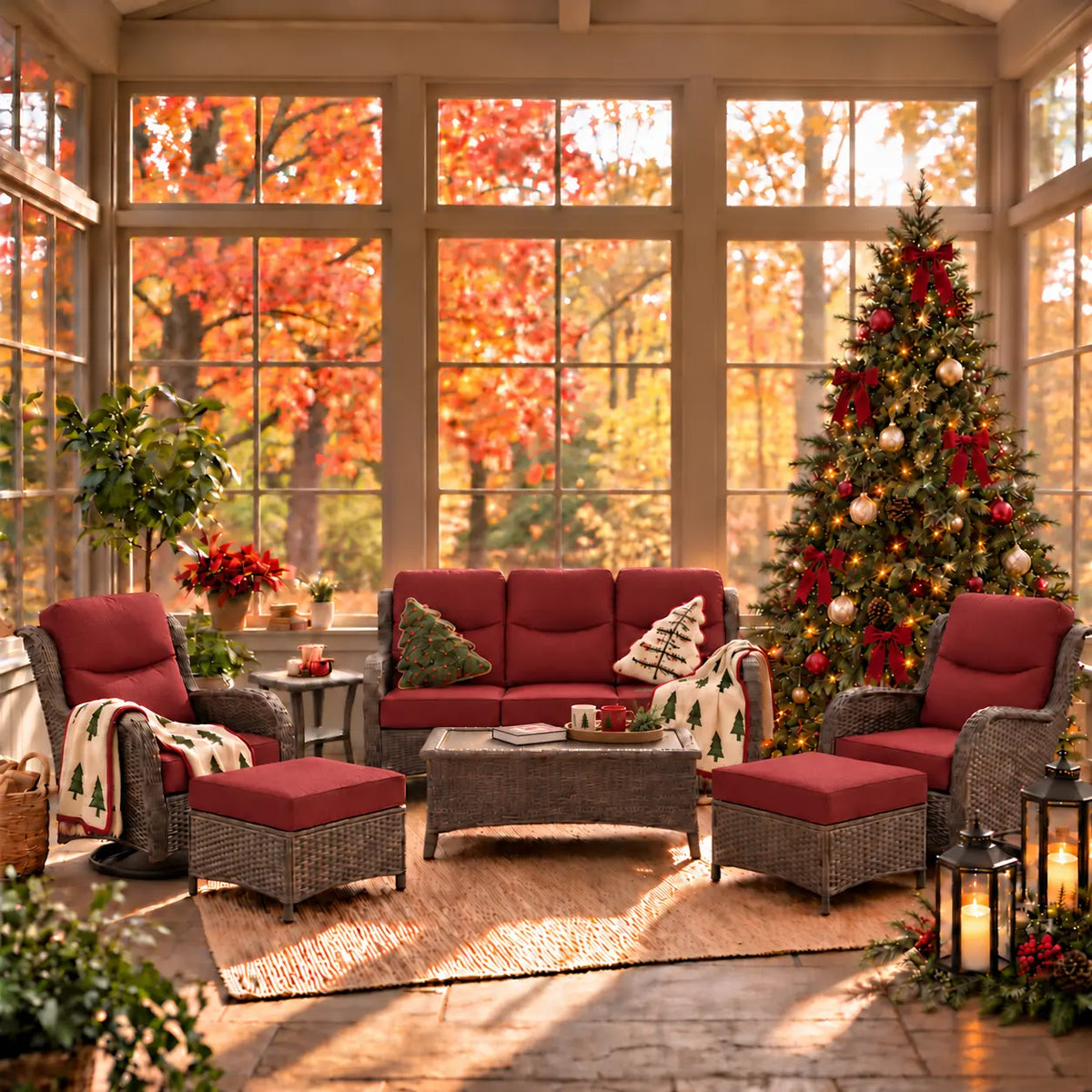 Hawthorne 6 Pieces Outdoor Wicker Sofa Set With 7.5 ft Pre-Lit Noble Fir Christmas Tree