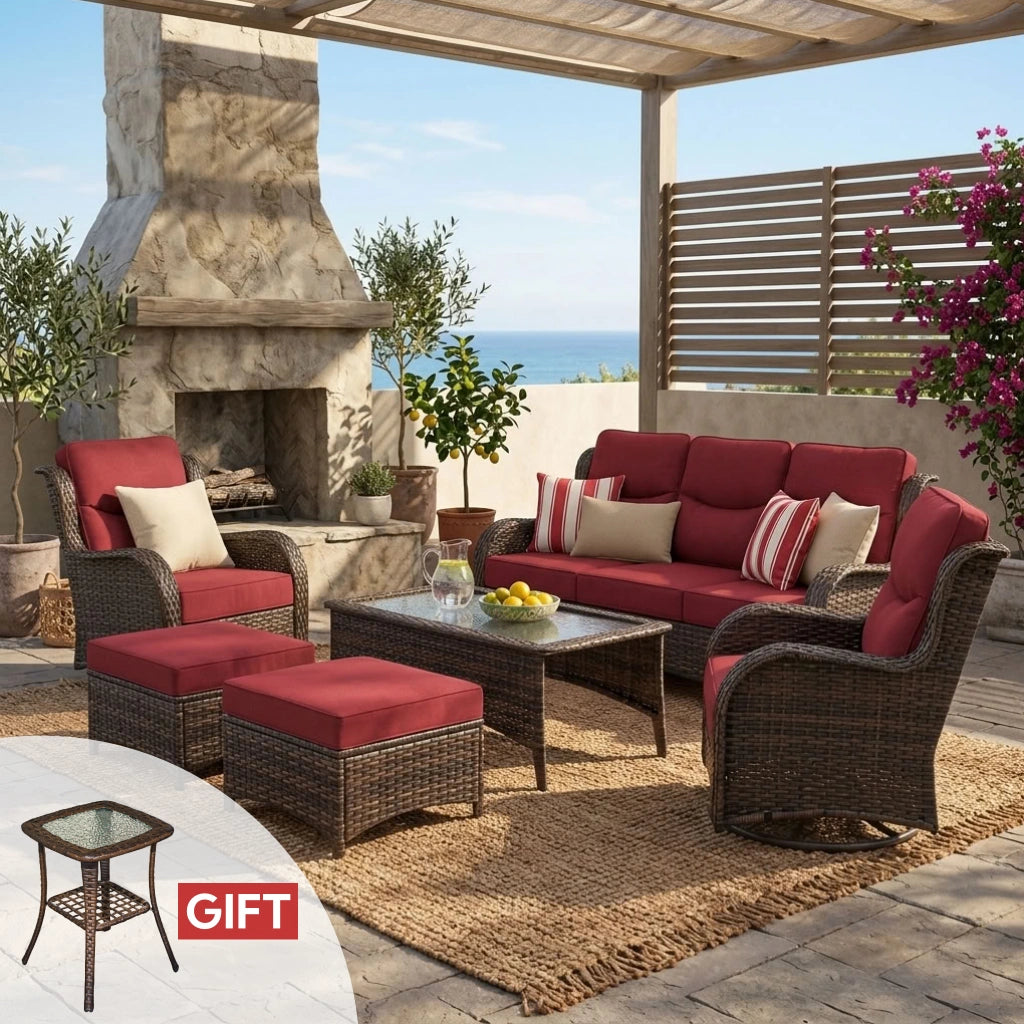 Hawthorne Wicker Furniture Patio Red Sofa And Swivel Glider Chairs With 6-Inch Cushions