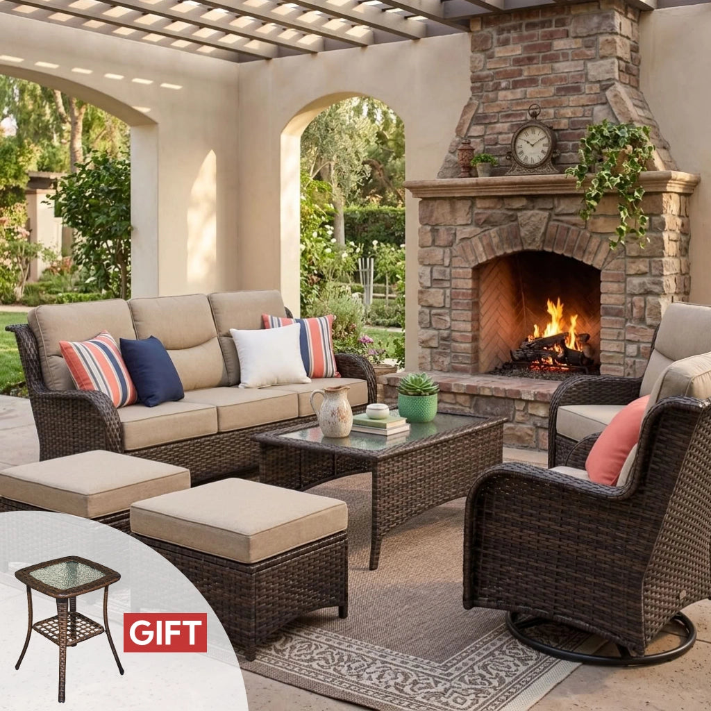 Hawthorne Sand Wicker Furniture Patio Sofa And Swivel Glider Chairs With 6-Inch Cushions