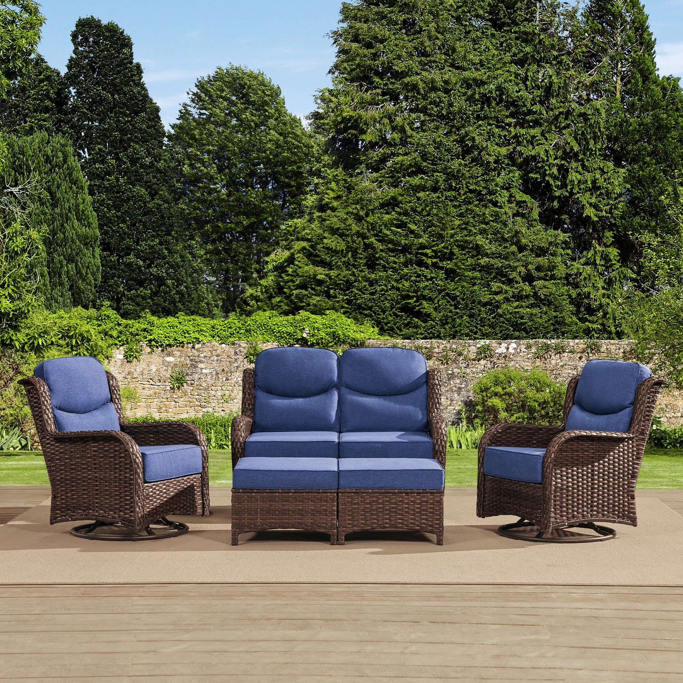 Hawthorne 5 Pieces Patio Wicker Loveseat Set With Ottomans