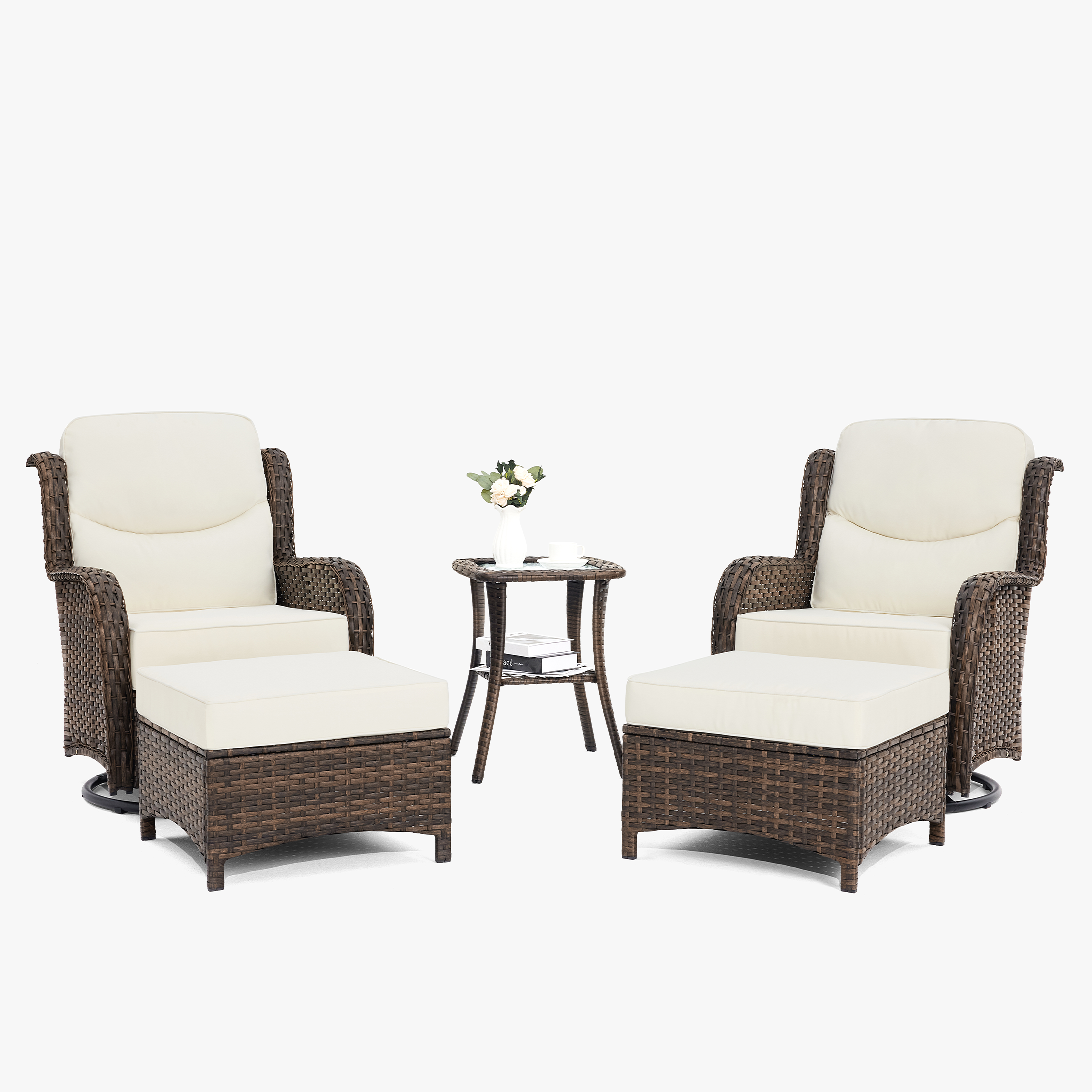 Hawthorne 5 Piece Outdoor Wicker Conversation Set With Side Table & Ottomans For Balcony