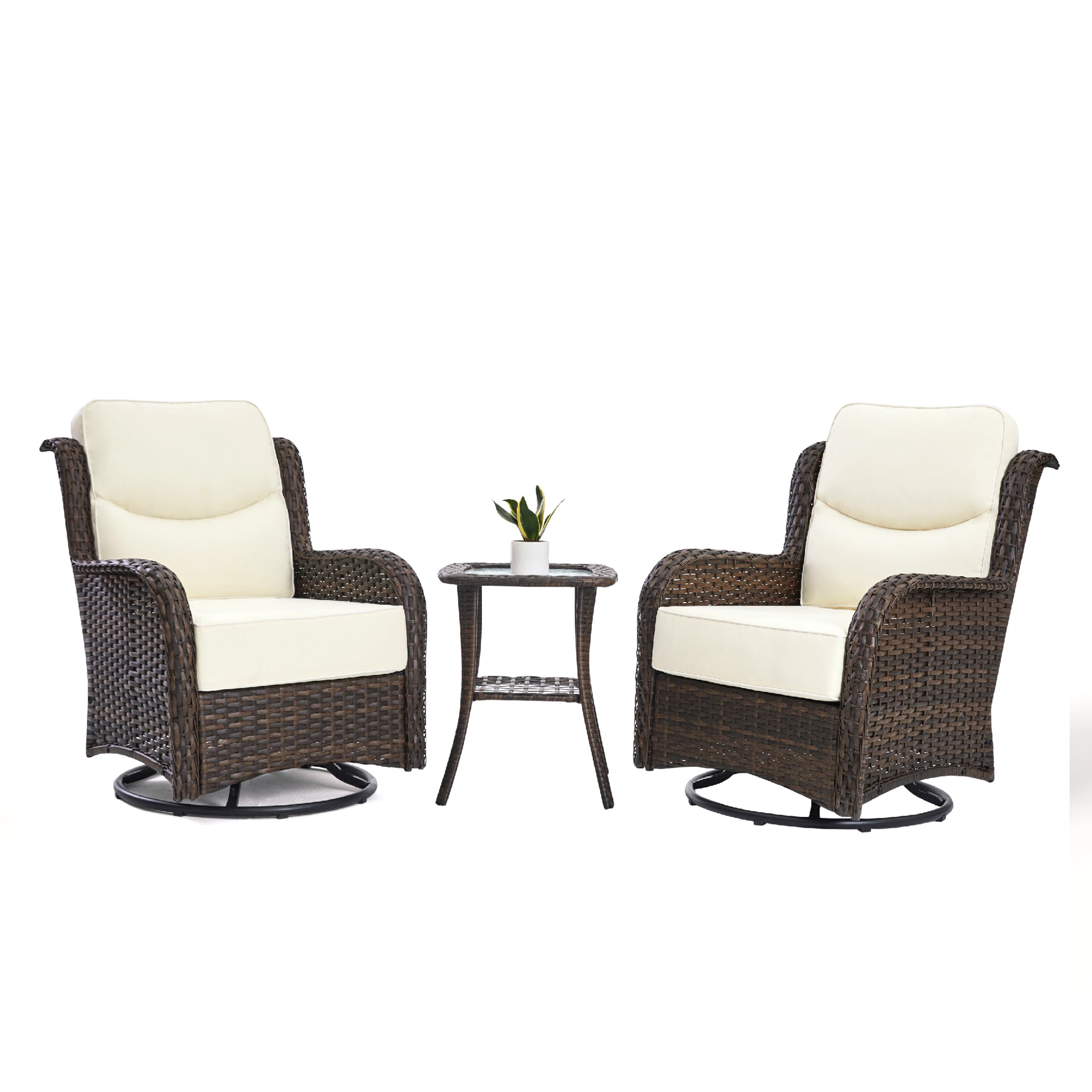 Hawthorne 3 Piece Outdoor Wicker 360° Swivel Conversation Set With Cushions & Side Table For Porch