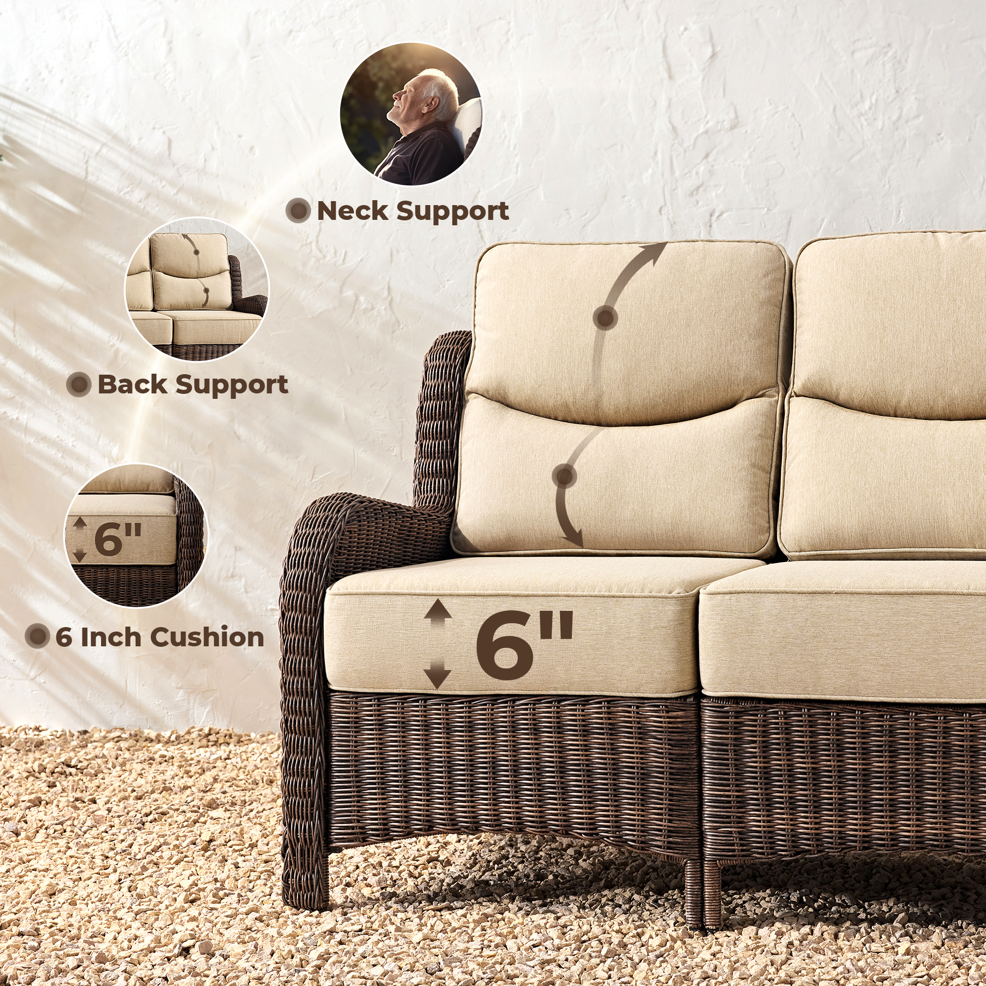 Ardenelle Luxury 3 Piece Patio Wicker Conversation Set With High Back 6-Inch Cushions For Deck