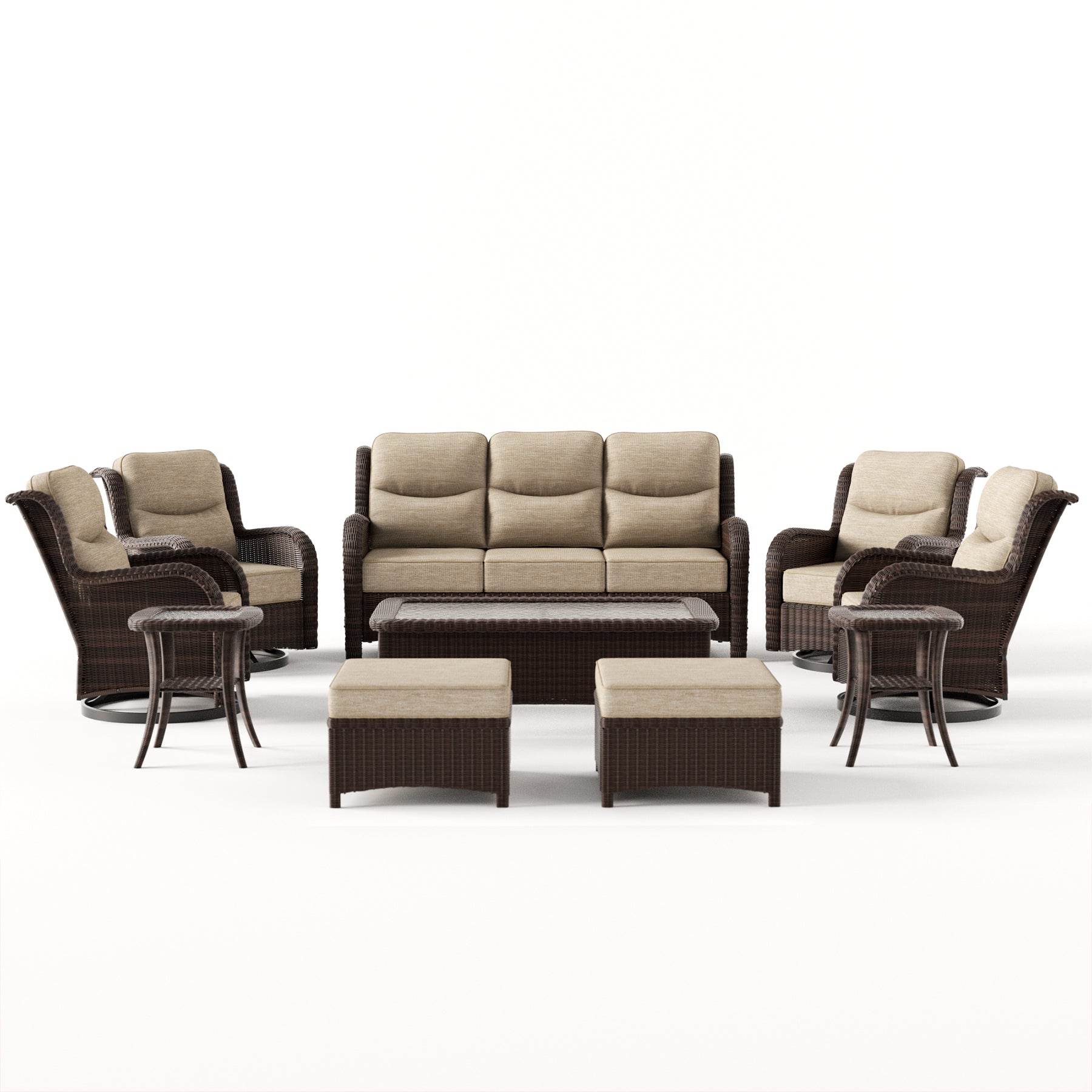 Ardenelle Luxury 9 Piece Patio Wicker Sofa Set With Ottomans, Tables And Covers