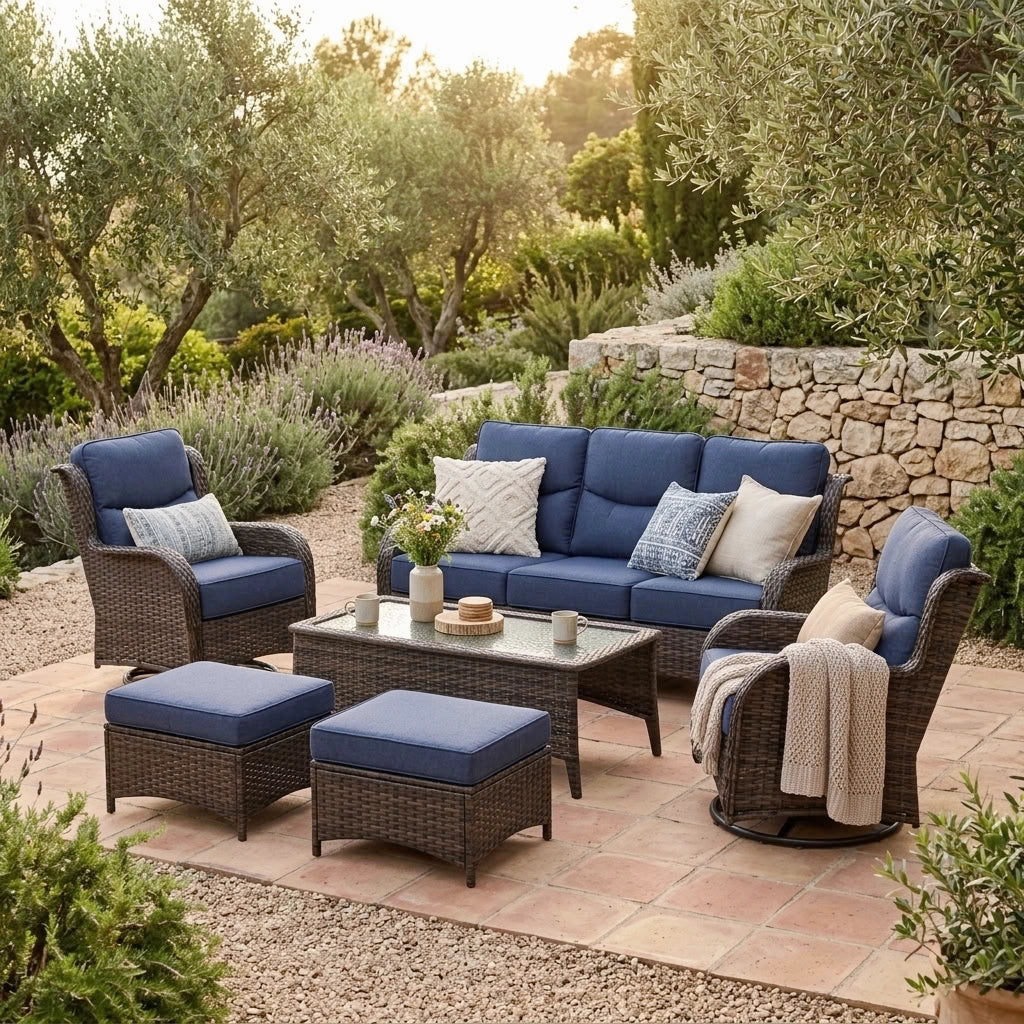 Hawthorne 6 Pieces Outdoor Wicker Sofa Set With 7.5 ft Pre-Lit Noble Fir Christmas Tree