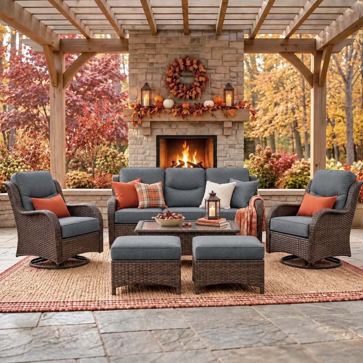 Hawthorne 6 Pieces Outdoor Wicker Sofa Set With 7.5 ft Pre-Lit Noble Fir Christmas Tree