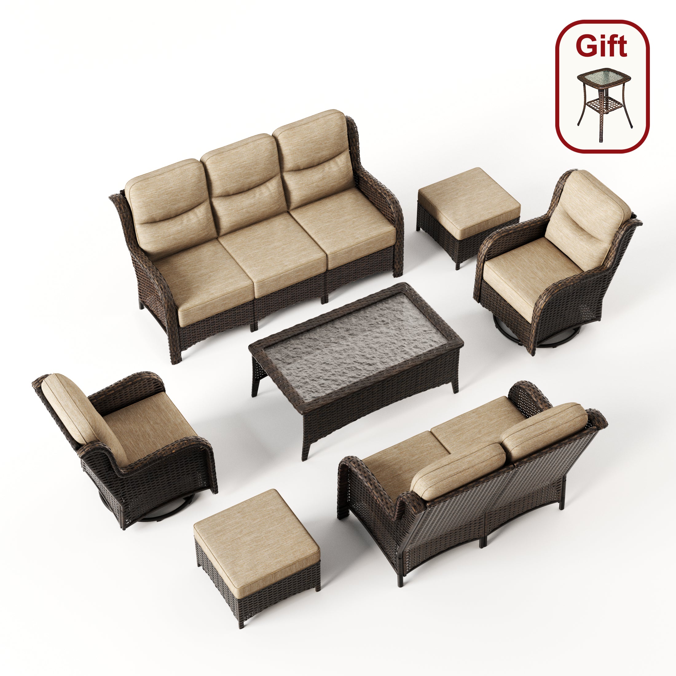 Hawthorne Sand Wicker Furniture Patio Sofa And Swivel Glider Chairs With 6-Inch Cushions