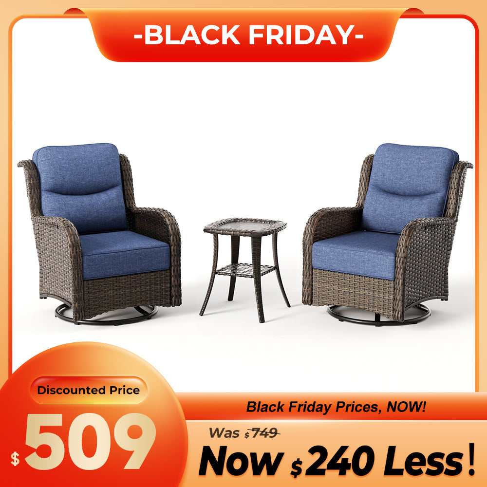 Hawthorne Blue Wicker Furniture Patio Sofa And Swivel Glider Chairs With 6-Inch Cushions