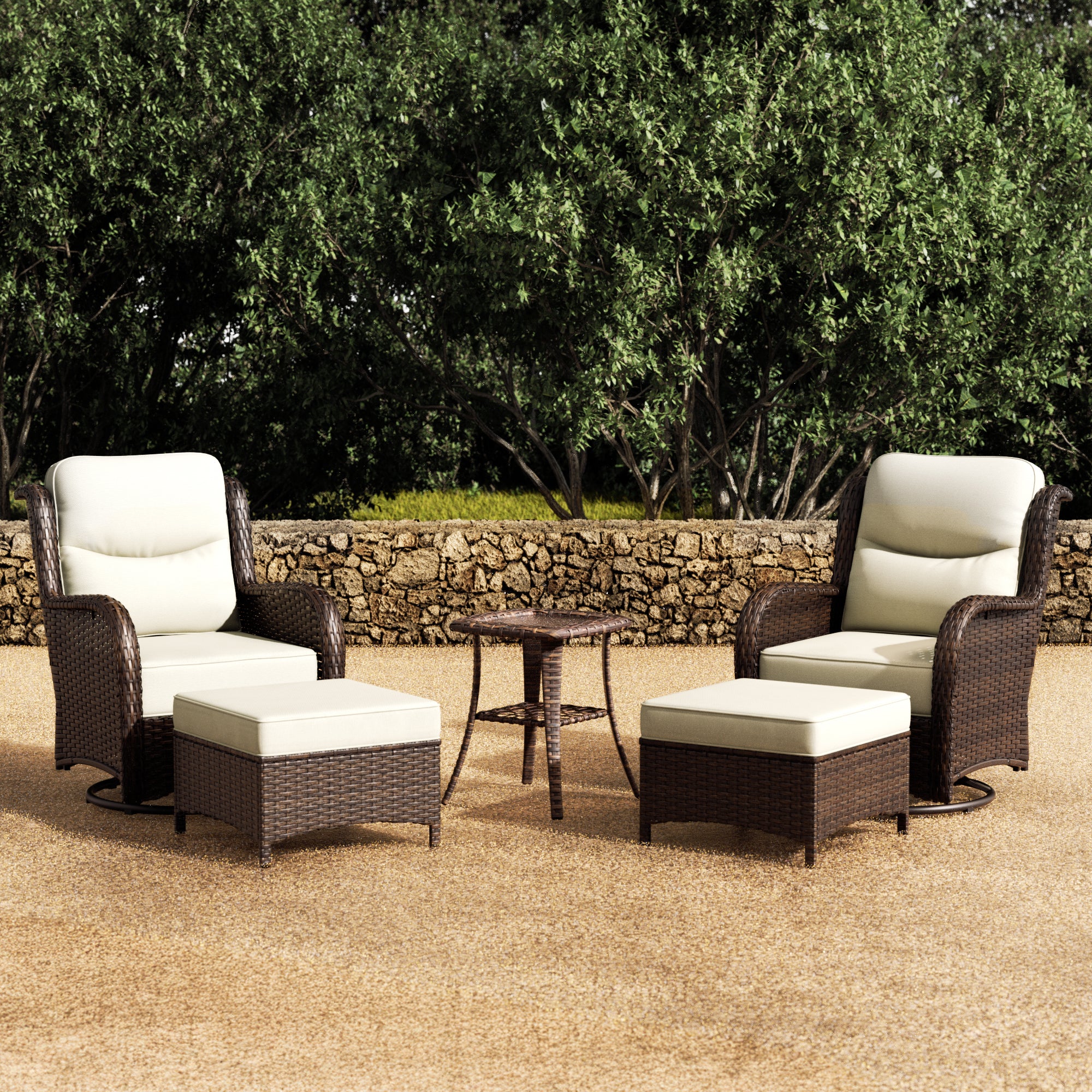 【Quick Assembly Collection】Outdoor Wicker Coversation Set With Side Table & Ottomans