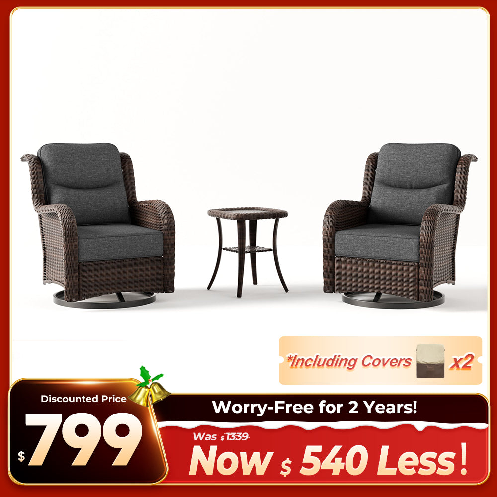 Ardenelle Luxury 3 Piece Patio Wicker Conversation Set With Side Table And Covers