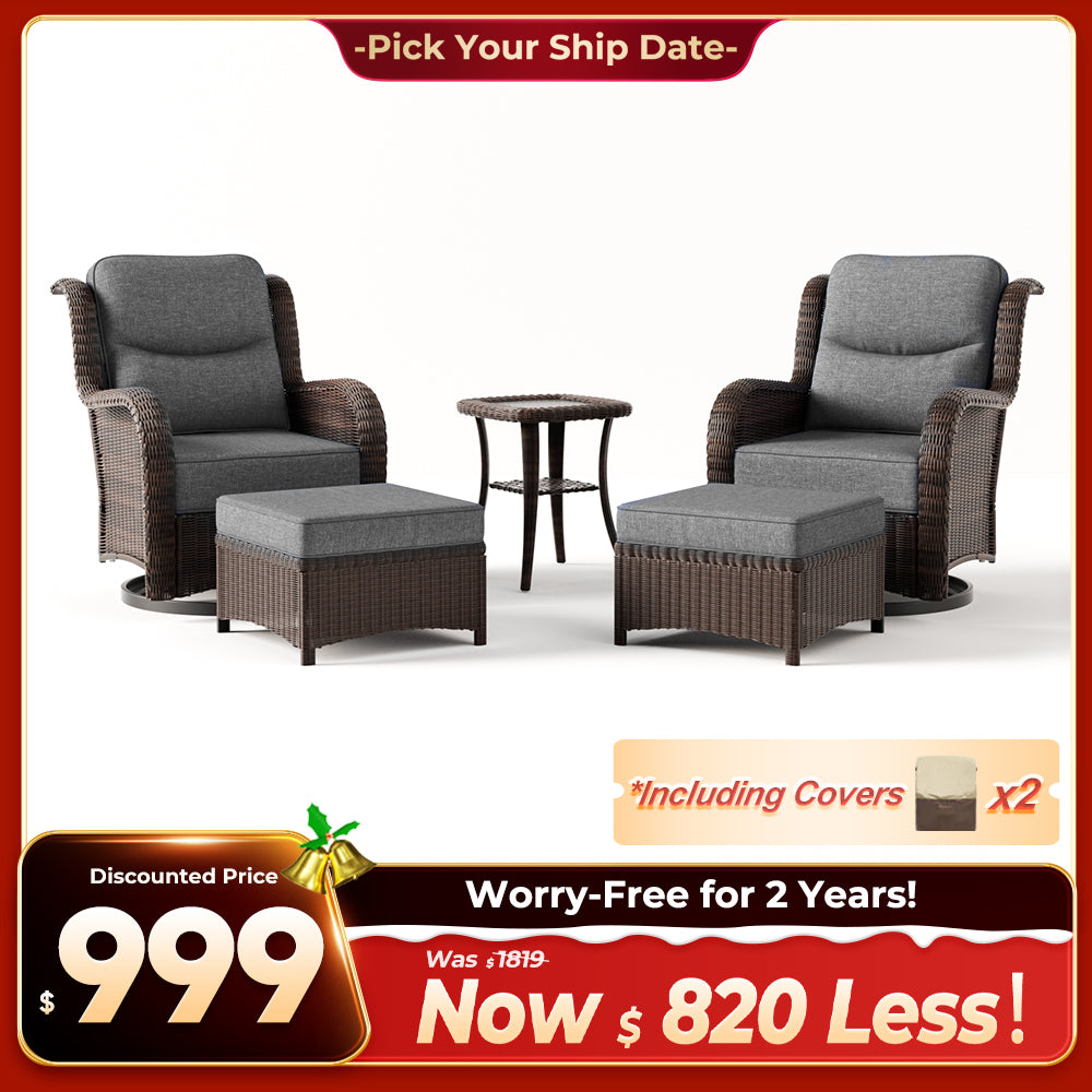 Ardenelle Luxury 5 Piece Patio Wicker Conversation Set With Ottomans And Covers