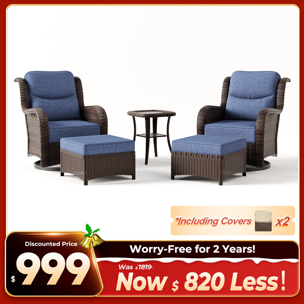 Ardenelle Luxury 5 Piece Patio Wicker Conversation Set With Ottomans And Covers