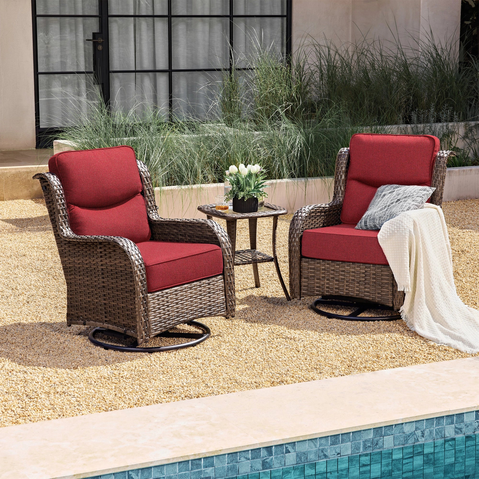 Hawthorne 3 Piece Outdoor Wicker 360° Swivel Conversation Set With Cushions & Side Table For Porch