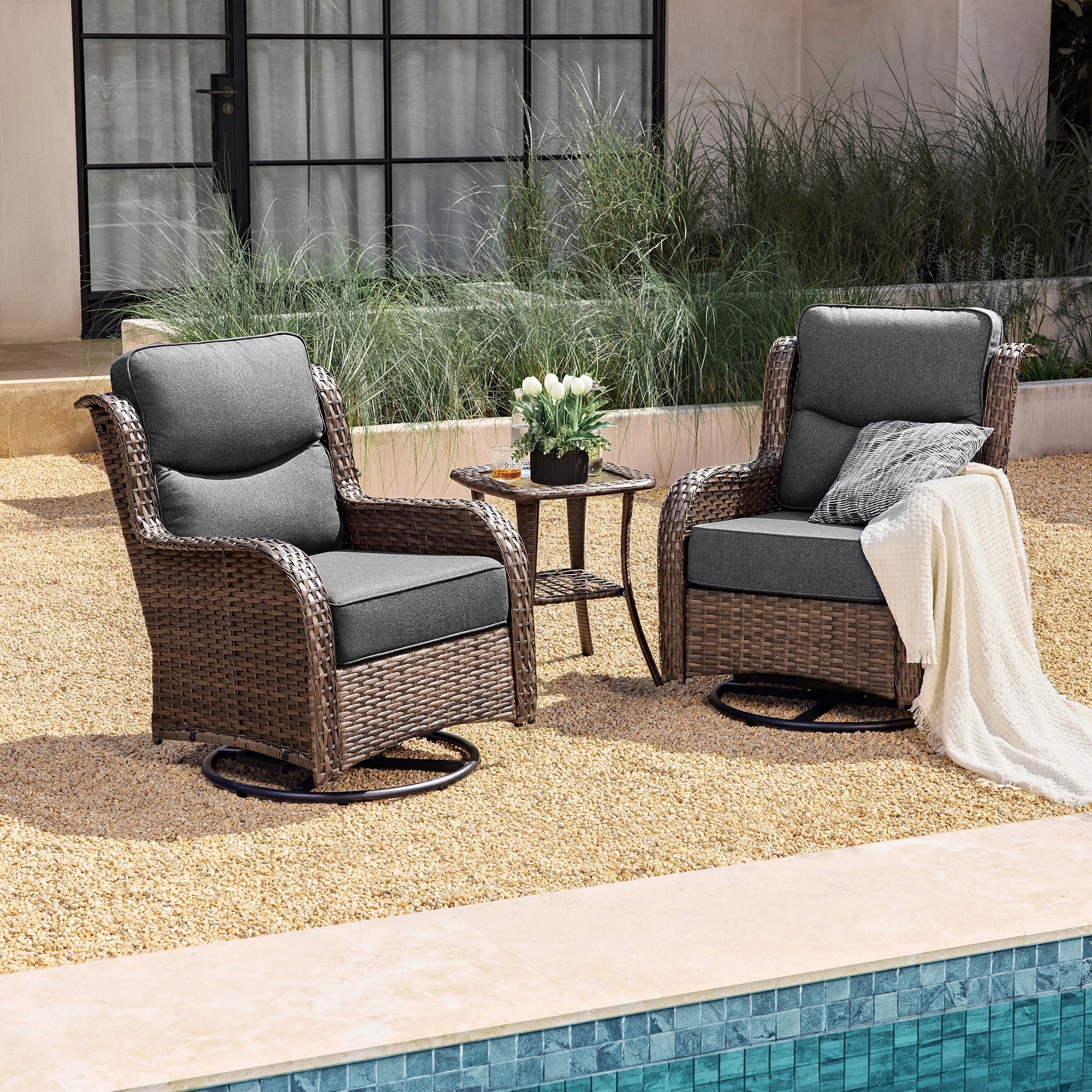 Hawthorne 3 Piece Outdoor Wicker 360° Swivel Conversation Set With Cushions & Side Table For Porch