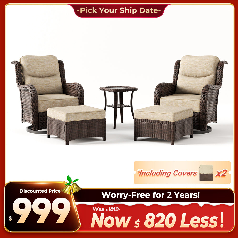 Ardenelle Luxury 5 Piece Patio Wicker Conversation Set With Ottomans And Covers