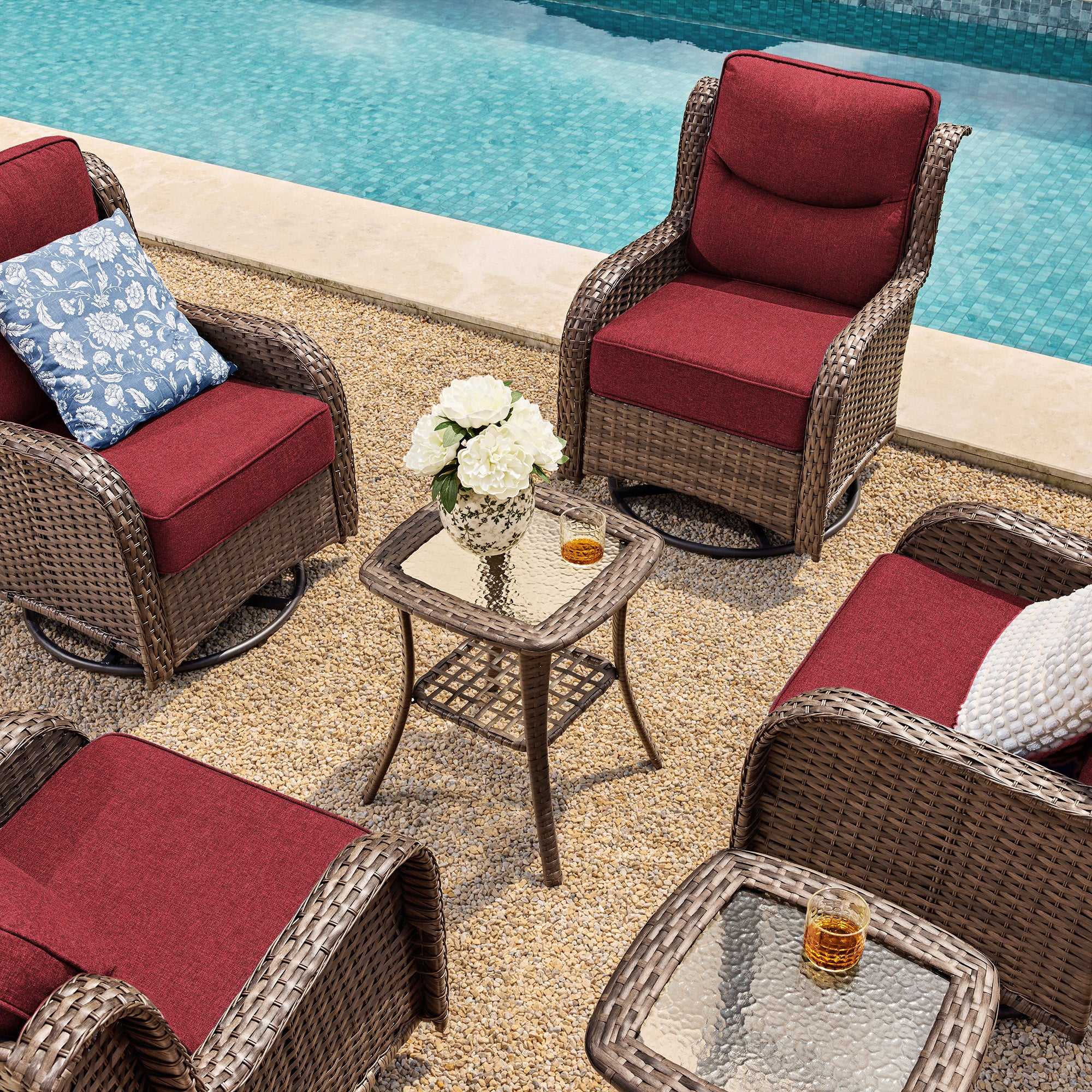 Hawthorne 6 Piece Patio Rattan Deck Conversation Set With Side Tables