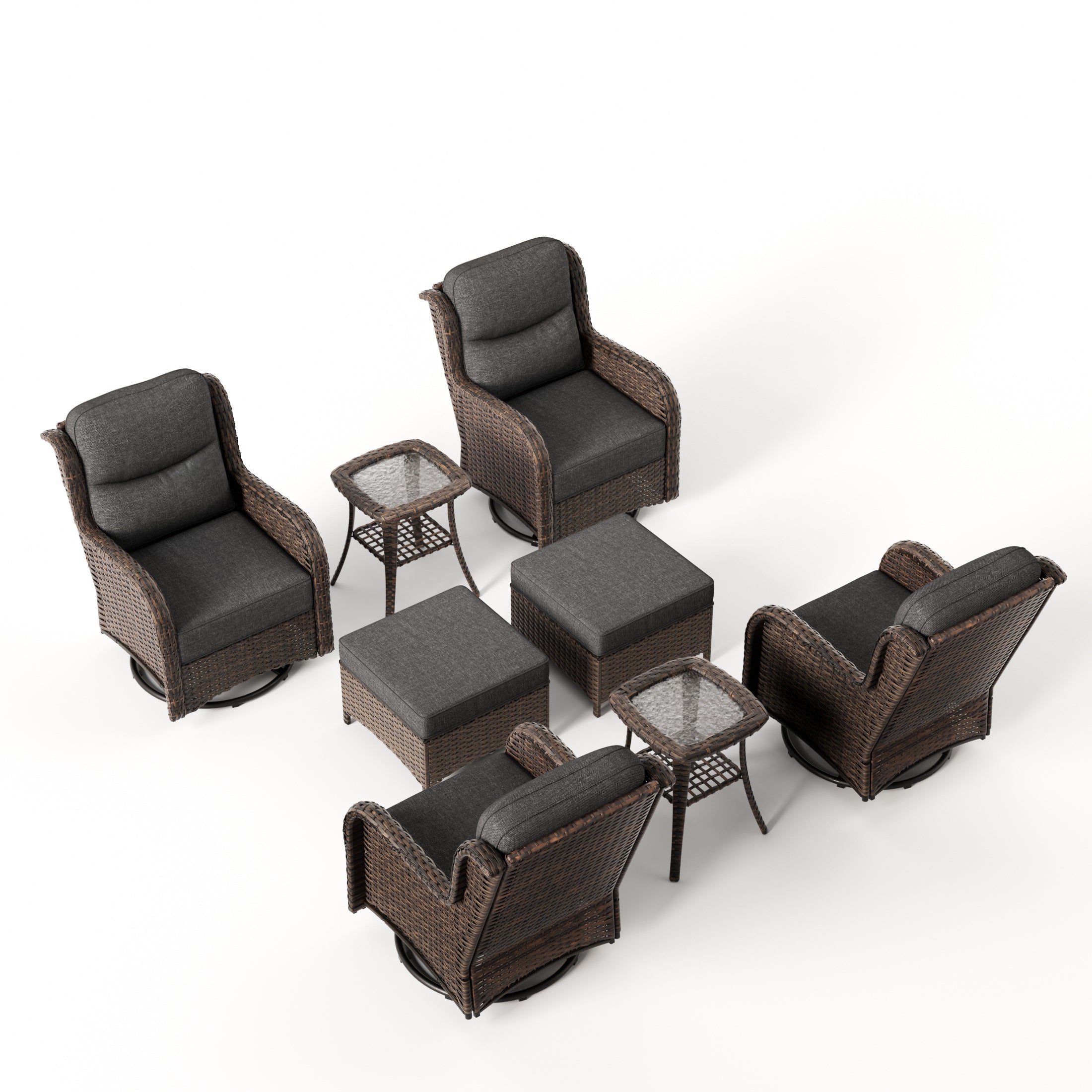 Hawthorne 8 Piece Patio Rattan Swivel Gliding Conversation Set With Side Tables & Ottomans For Backyard