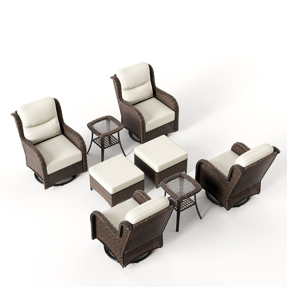 Hawthorne 8 Piece Patio Rattan Swivel Gliding Conversation Set With Side Tables & Ottomans For Backyard